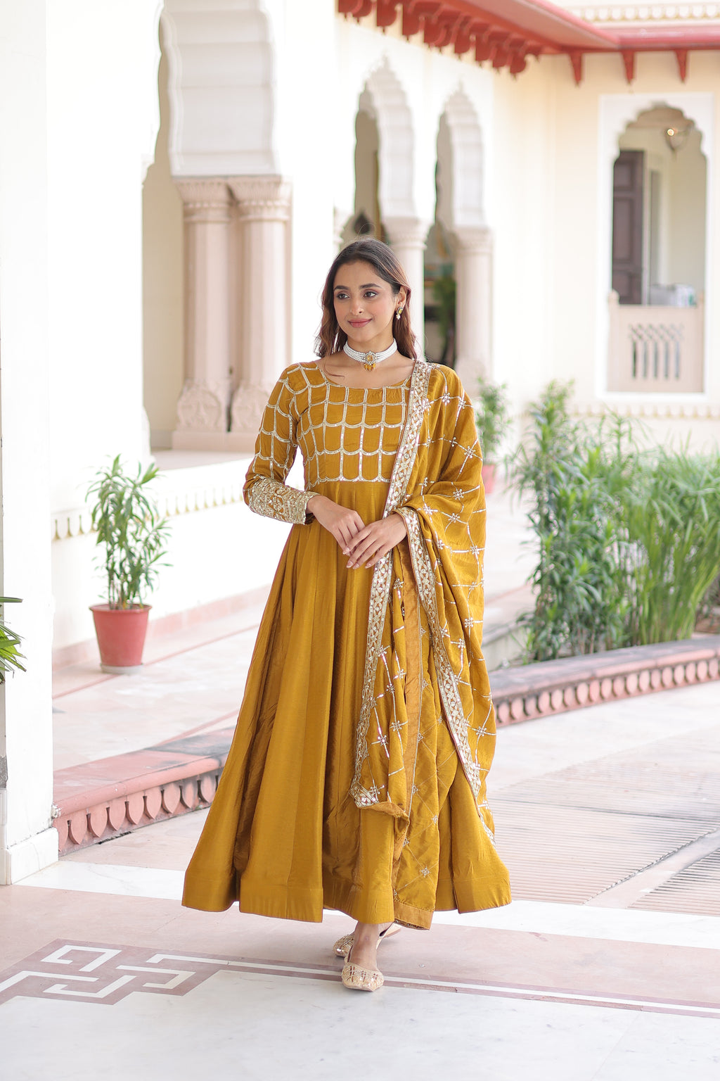 Navira Mustard Yellow Vichitra Silk Rich Sequins Zari Embroidered Gown with Dupatta