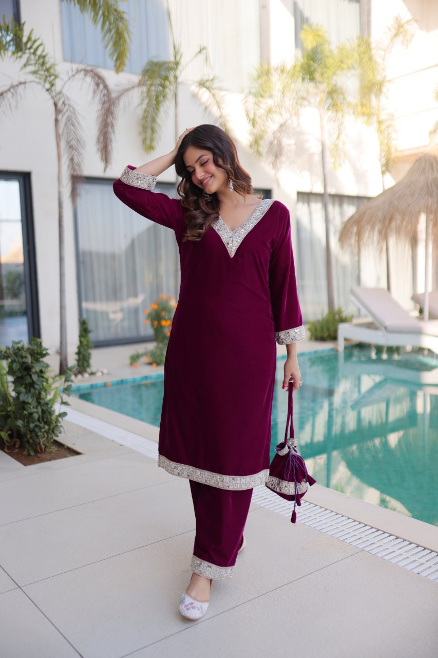 Elvya wine velvet kurti set with zari embroidered mirror work