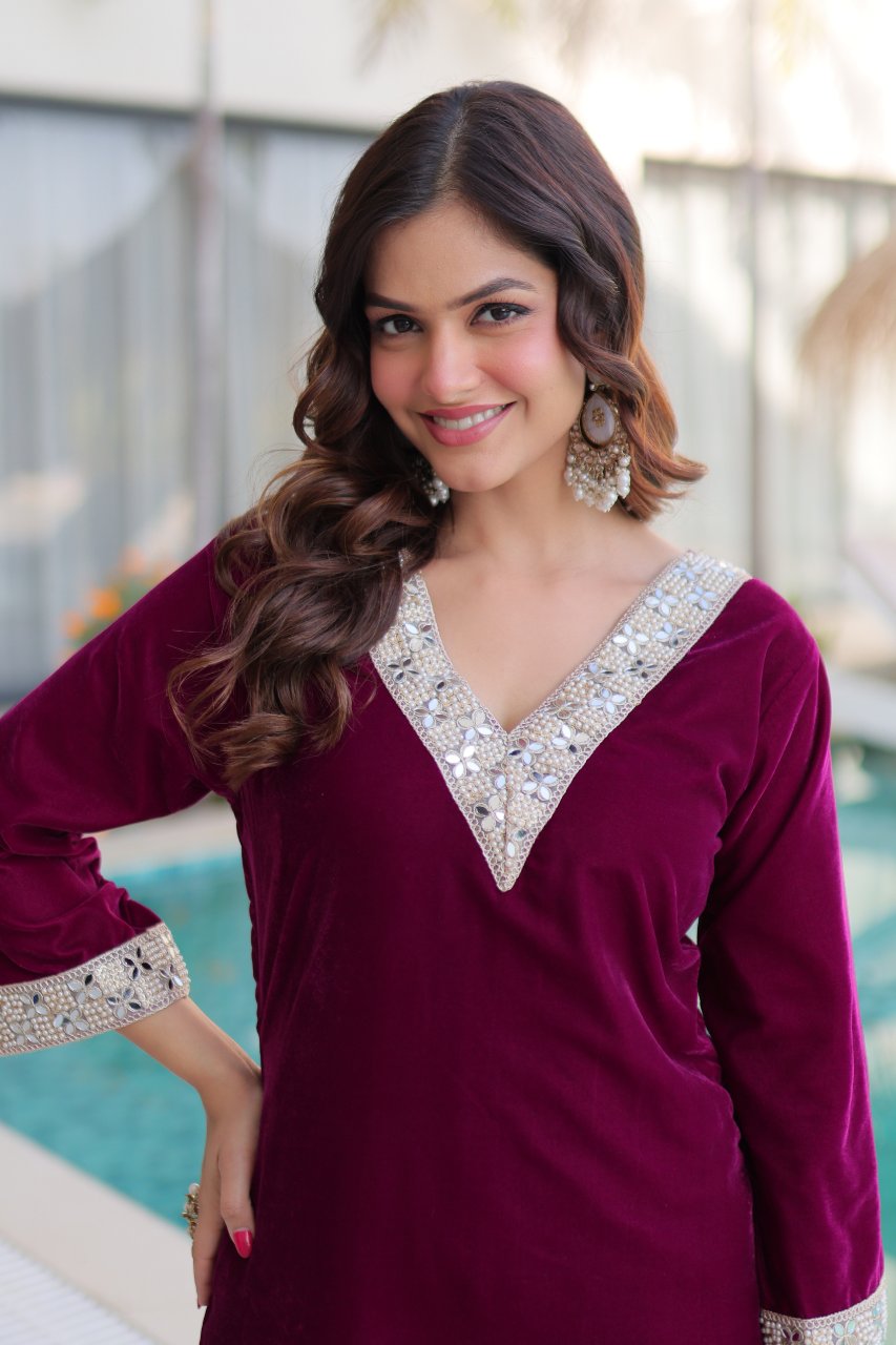 Elvya wine velvet kurti set with zari embroidered mirror work