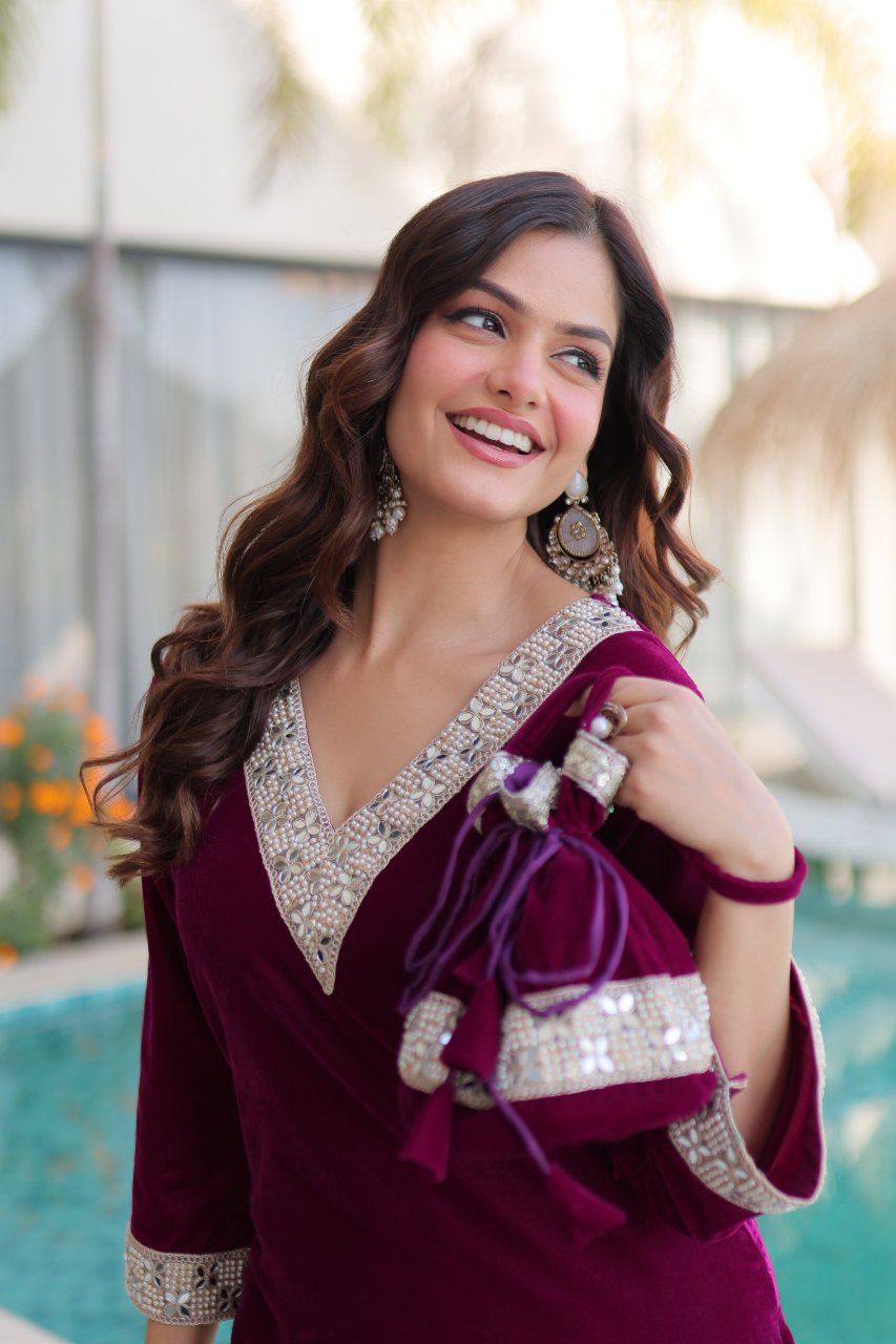 Elvya wine velvet kurti set with zari embroidered mirror work