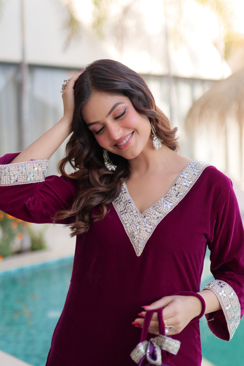 Elvya wine velvet kurti set with zari embroidered mirror work