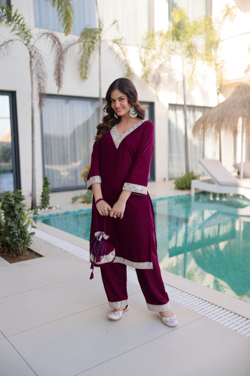 Elvya wine velvet kurti set with zari embroidered mirror work