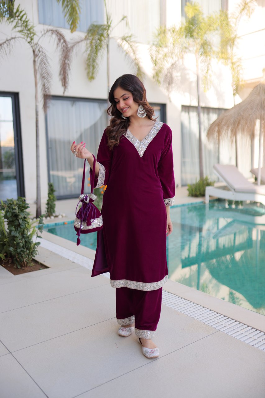 Elvya wine velvet kurti set with zari embroidered mirror work