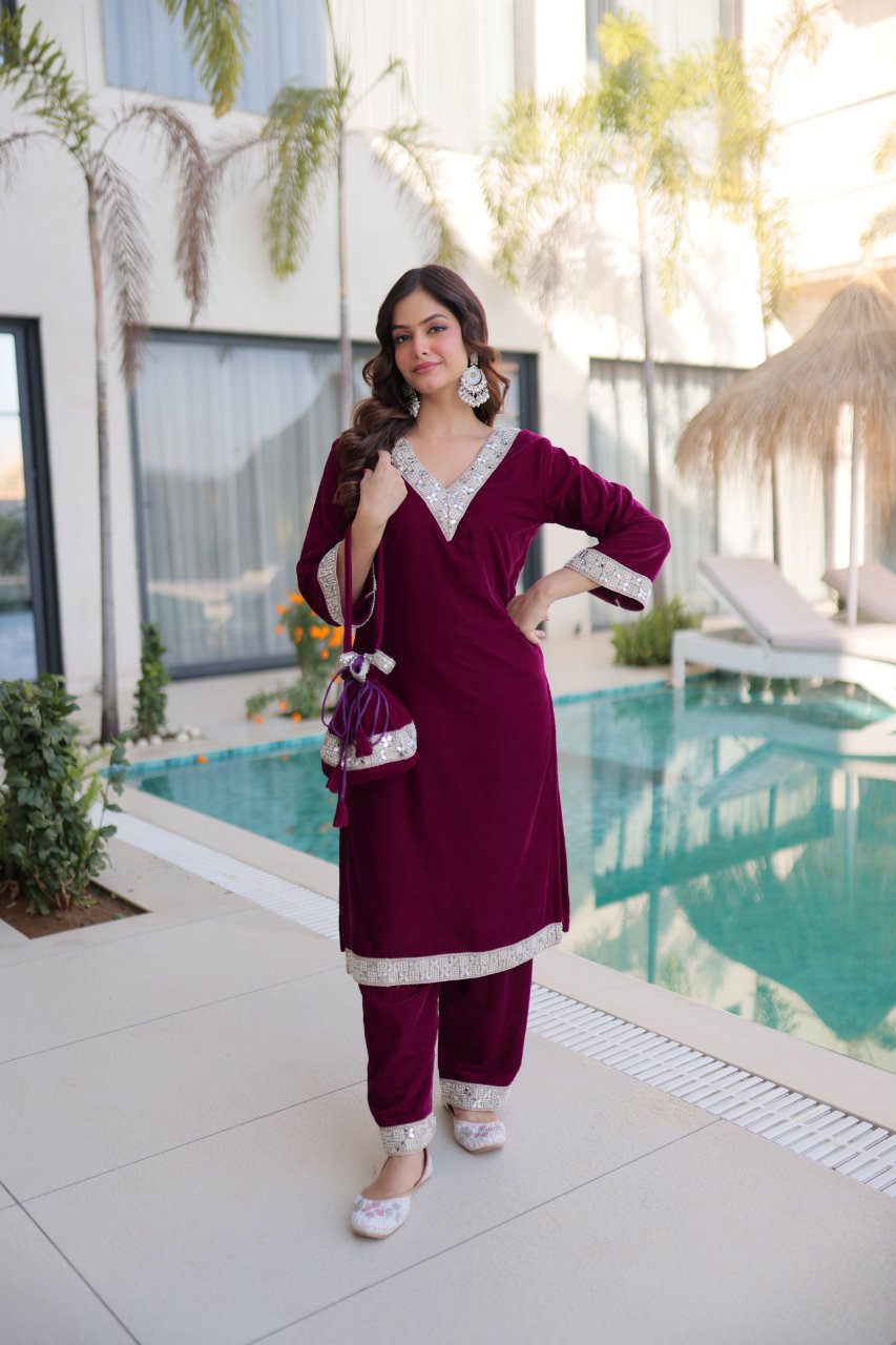 Elvya wine velvet kurti set with zari embroidered mirror work