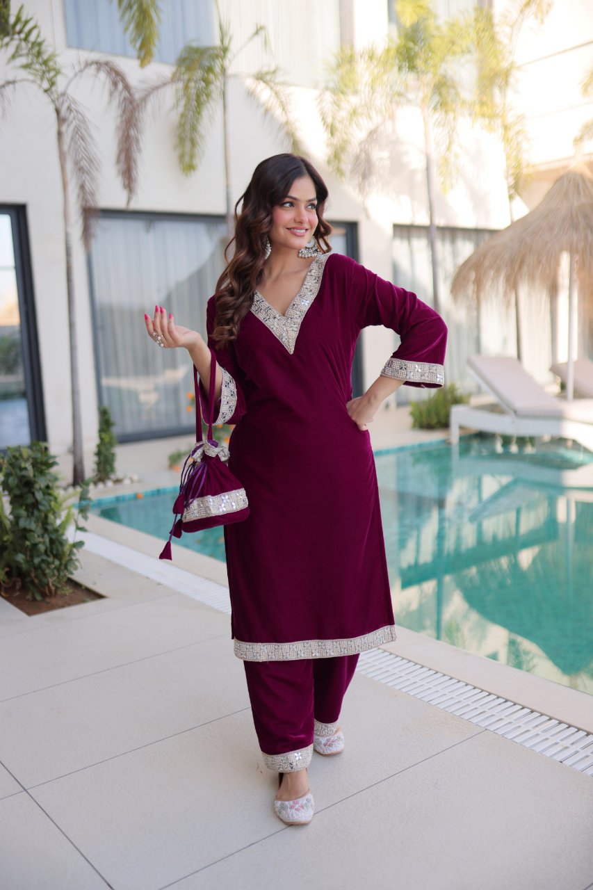 Elvya wine velvet kurti set with zari embroidered mirror work