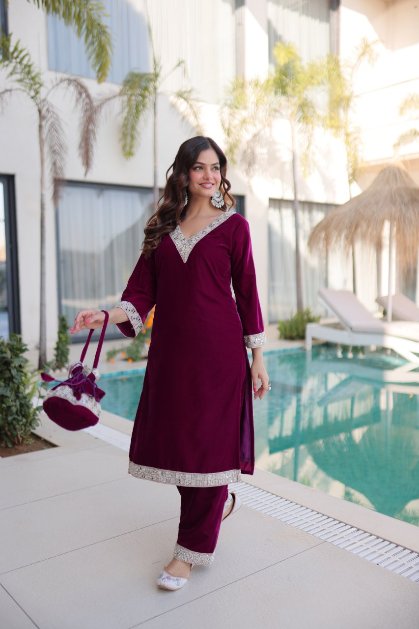 Elvya wine velvet kurti set with zari embroidered mirror work