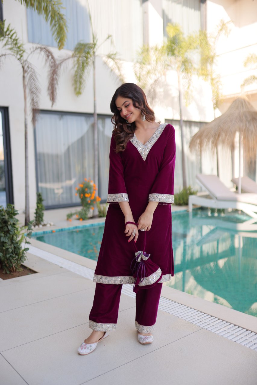 Elvya wine velvet kurti set with zari embroidered mirror work