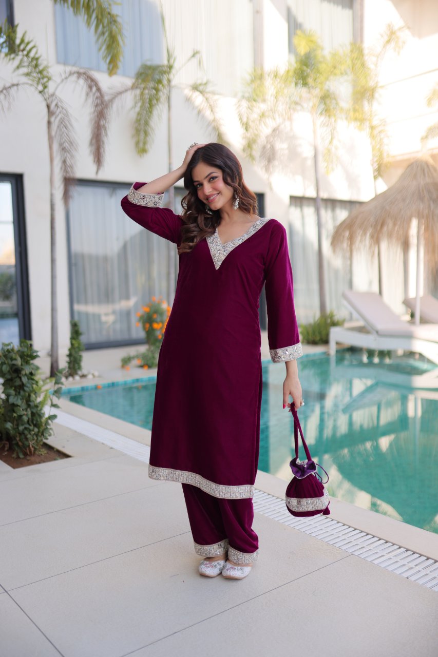 Elvya wine velvet kurti set with zari embroidered mirror work