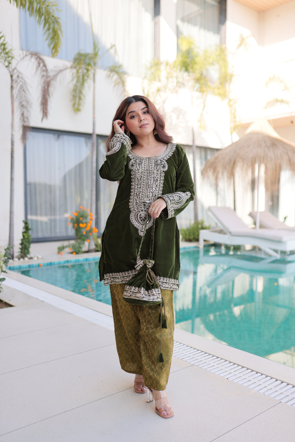 Selina green velvet zari coding embroidered short kurti set with batwa