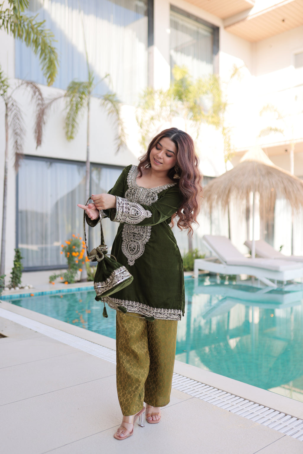 Selina green velvet zari coding embroidered short kurti set with batwa