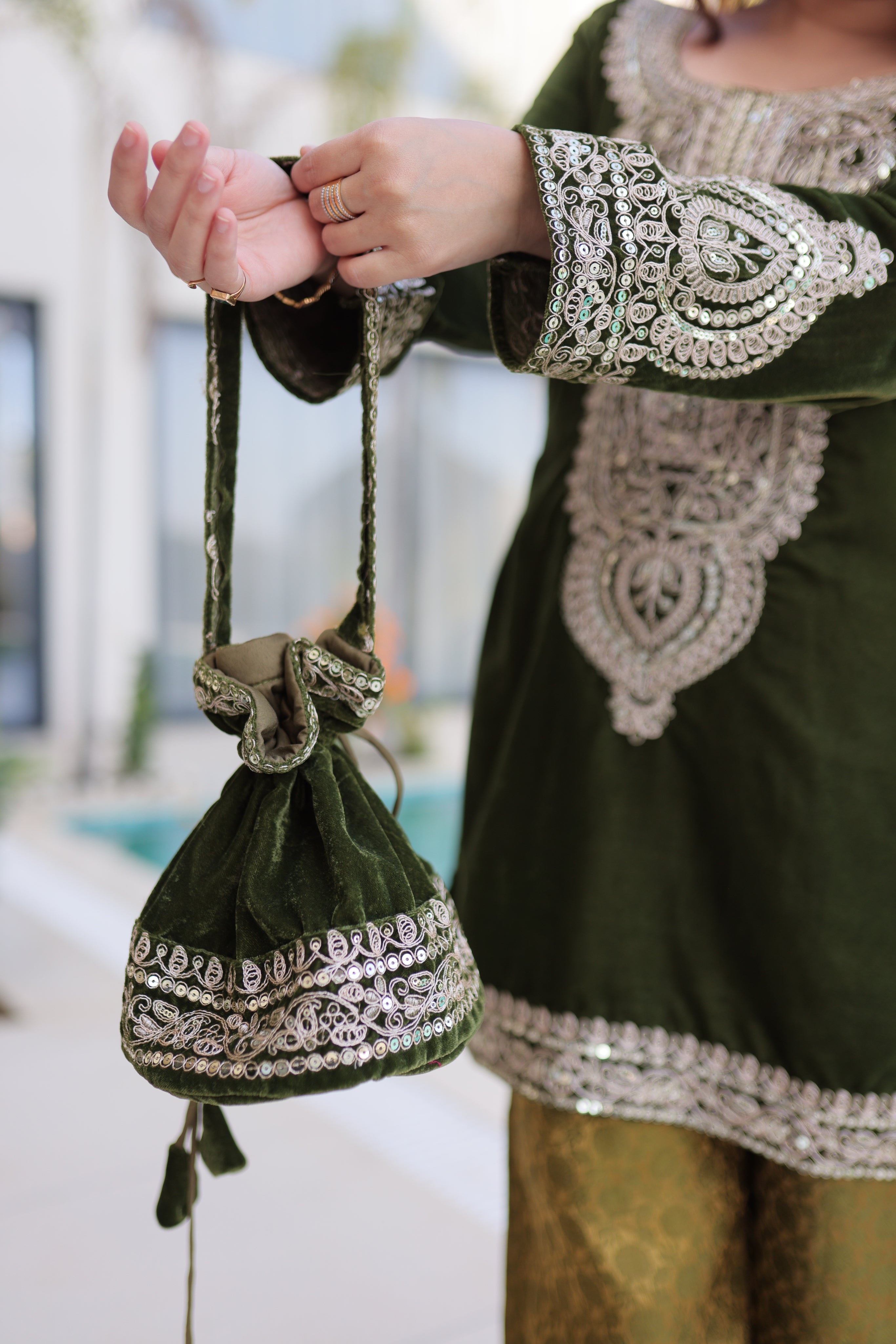 Selina green velvet zari coding embroidered short kurti set with batwa