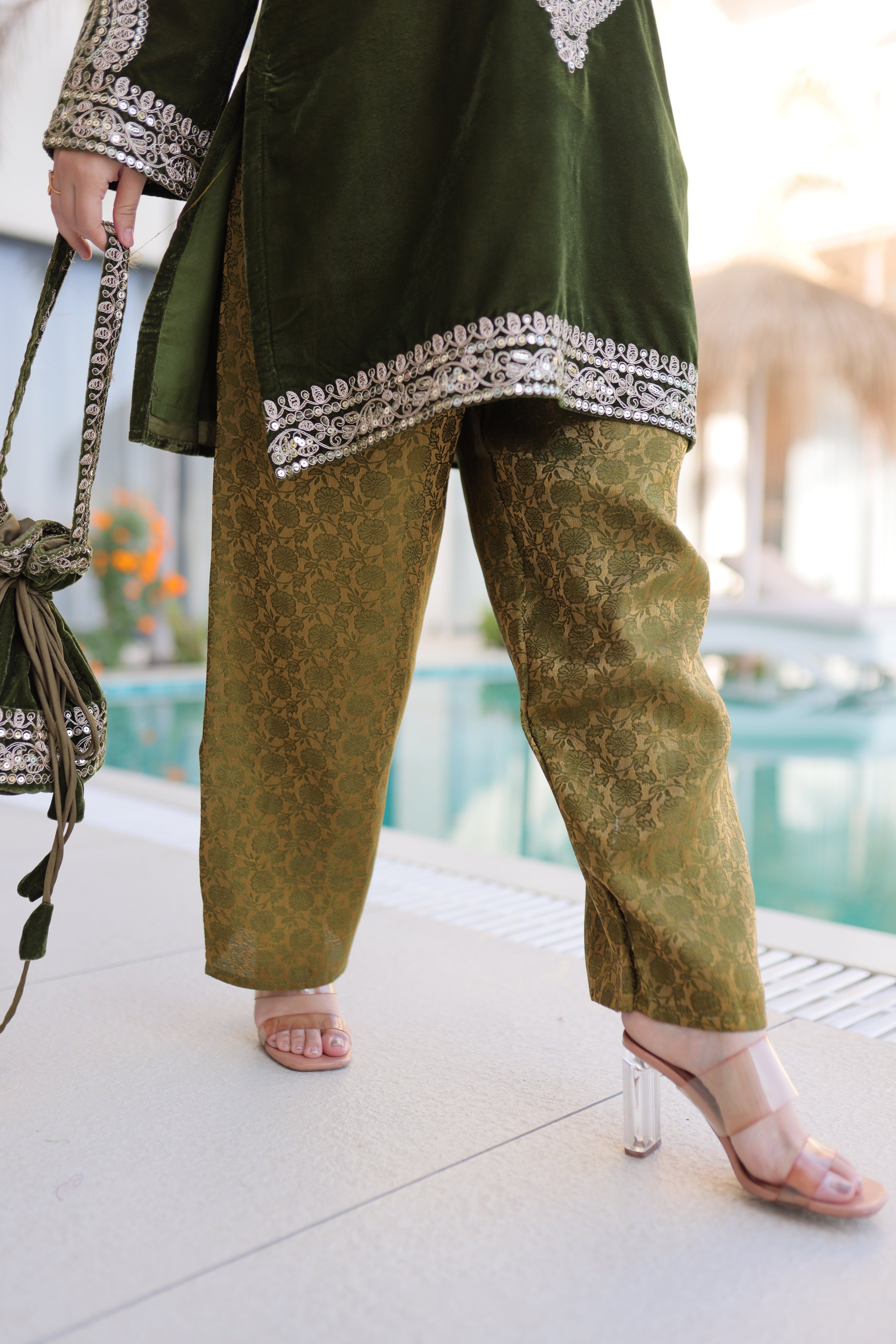 Selina green velvet zari coding embroidered short kurti set with batwa