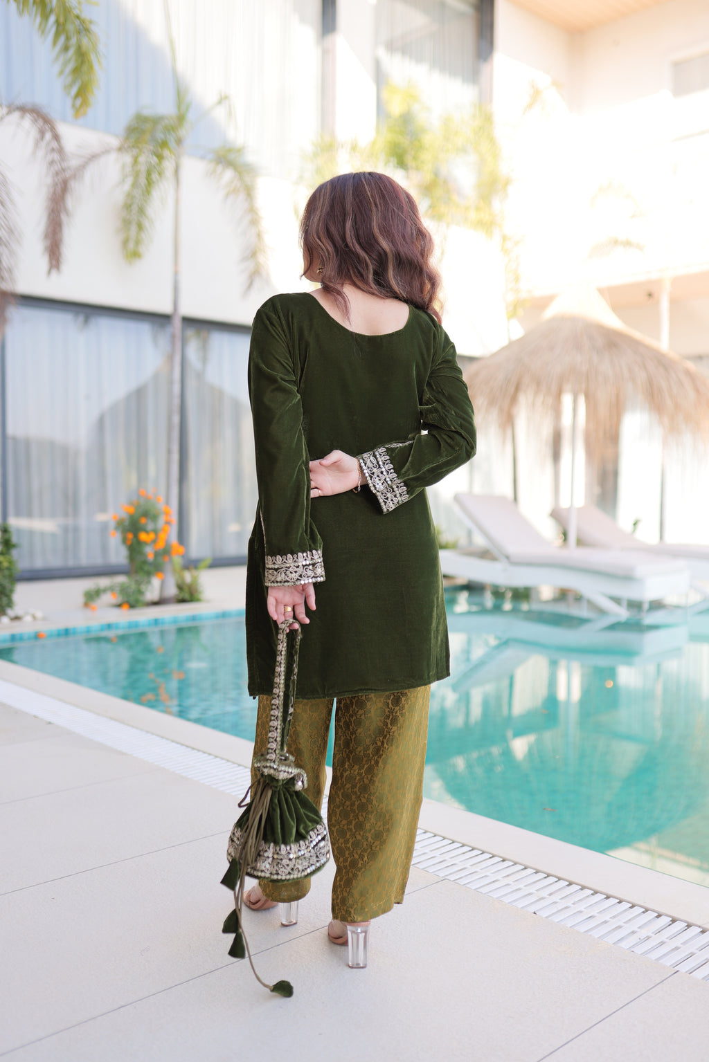 Selina green velvet zari coding embroidered short kurti set with batwa