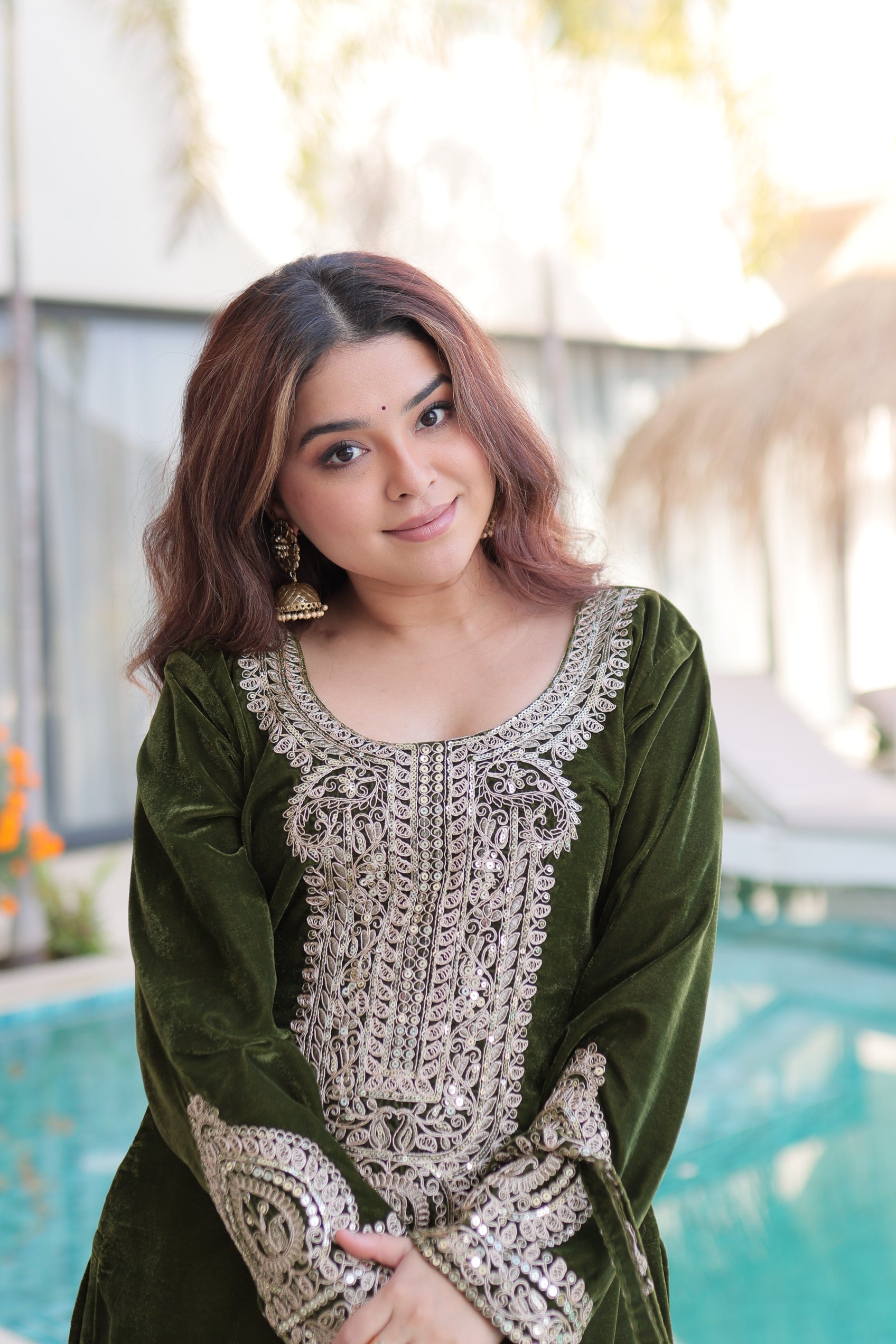 Selina green velvet zari coding embroidered short kurti set with batwa