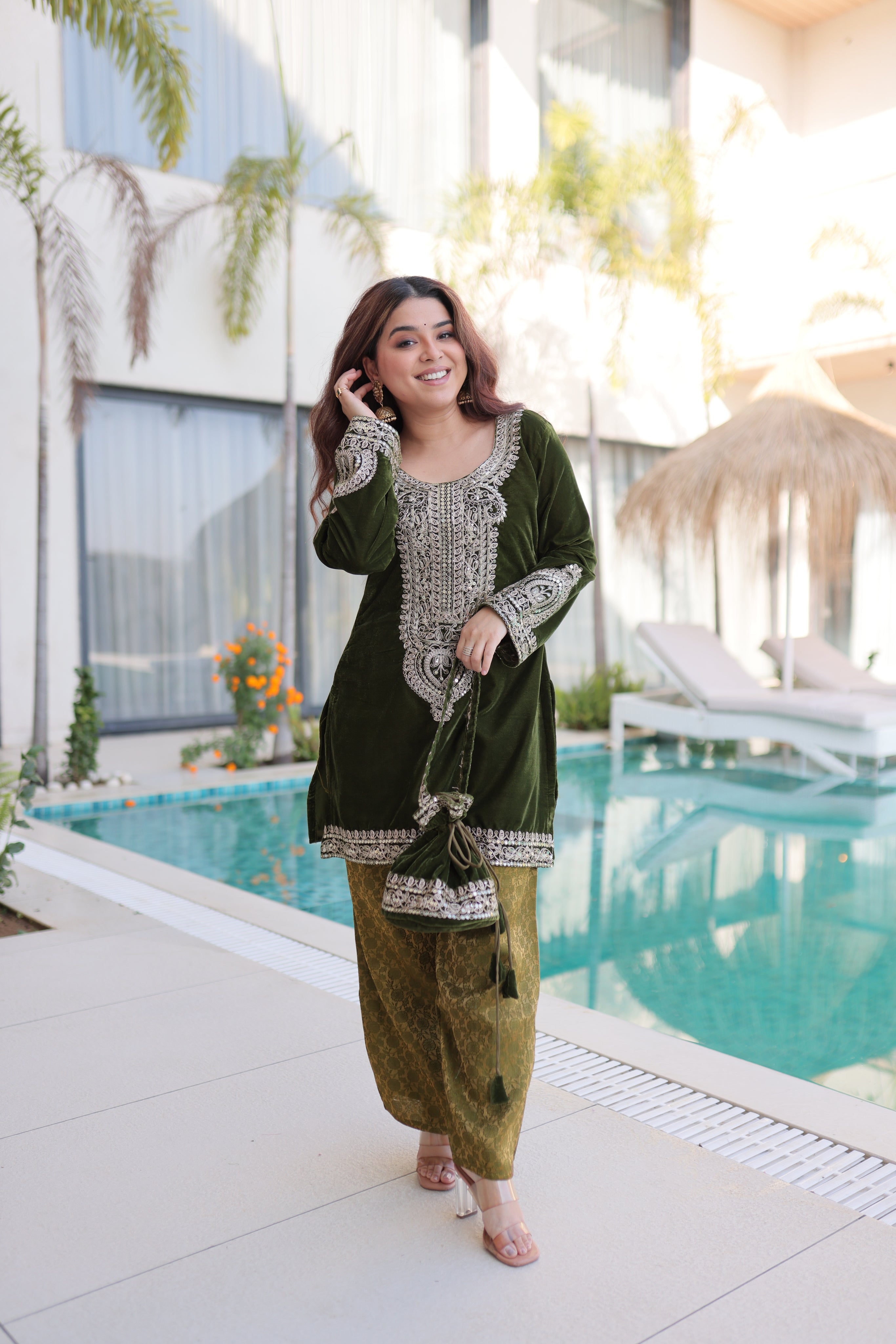 Selina green velvet zari coding embroidered short kurti set with batwa