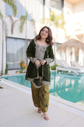 Selina green velvet zari coding embroidered short kurti set with batwa