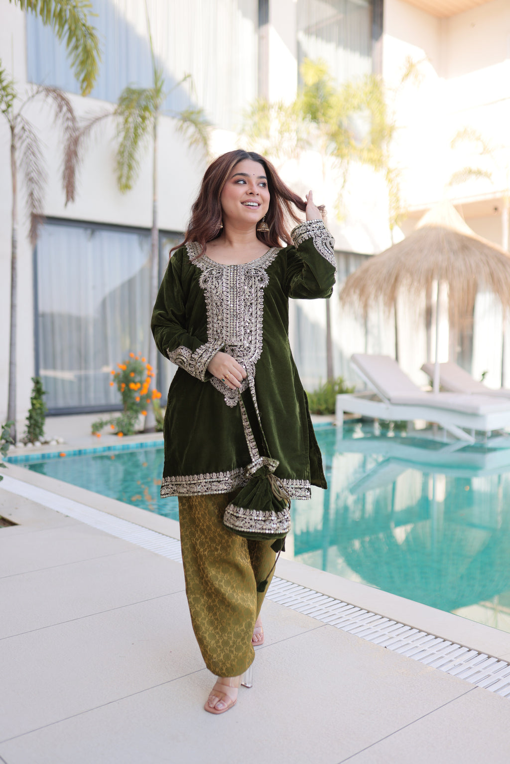 Selina green velvet zari coding embroidered short kurti set with batwa