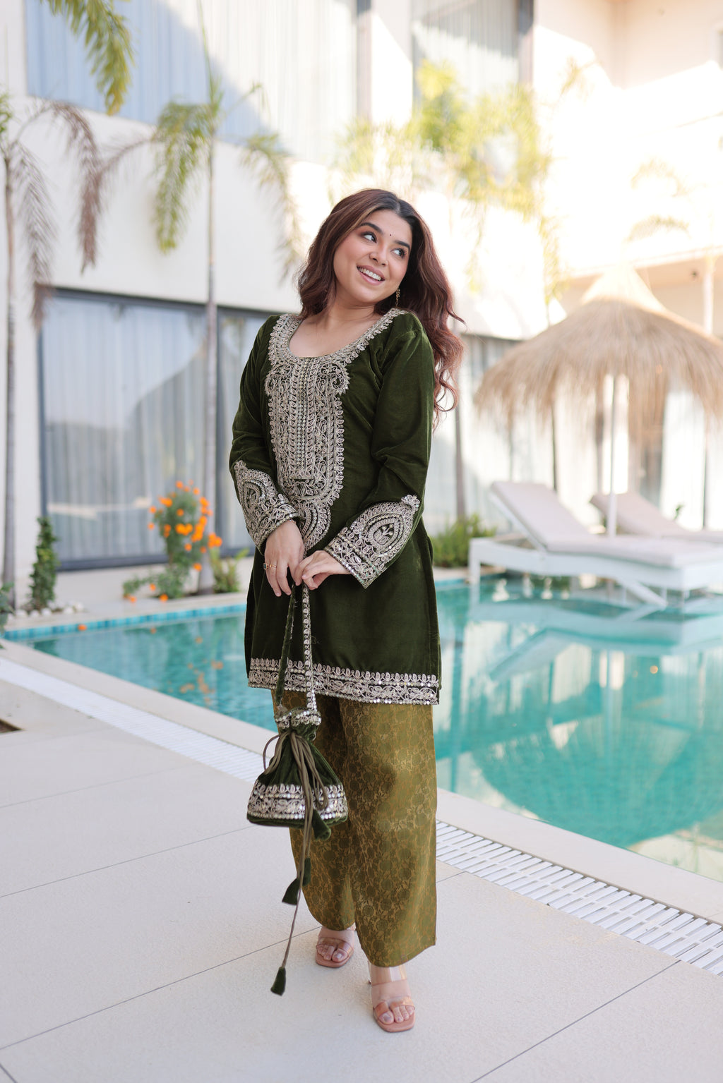 Selina green velvet zari coding embroidered short kurti set with batwa