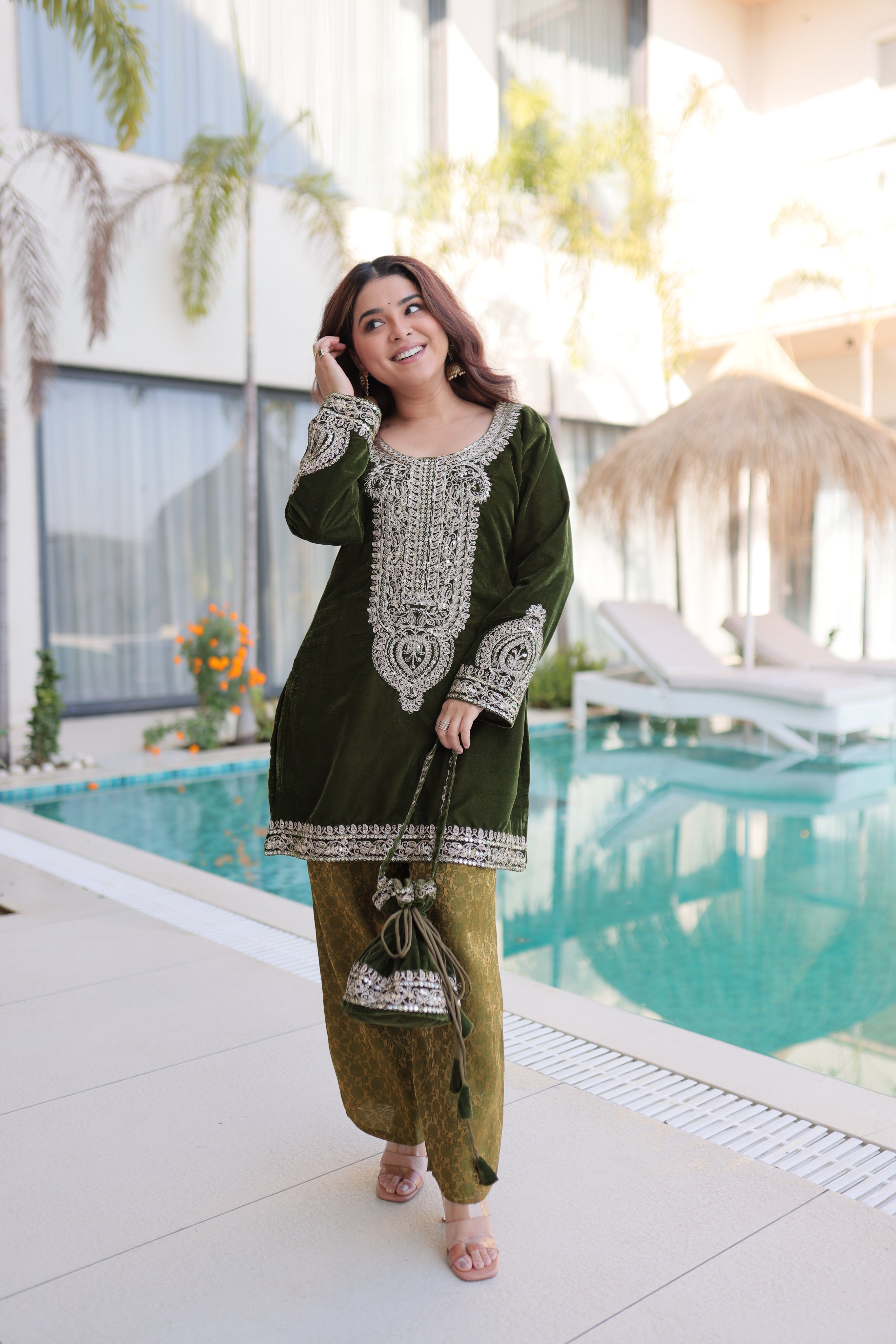 Selina green velvet zari coding embroidered short kurti set with batwa