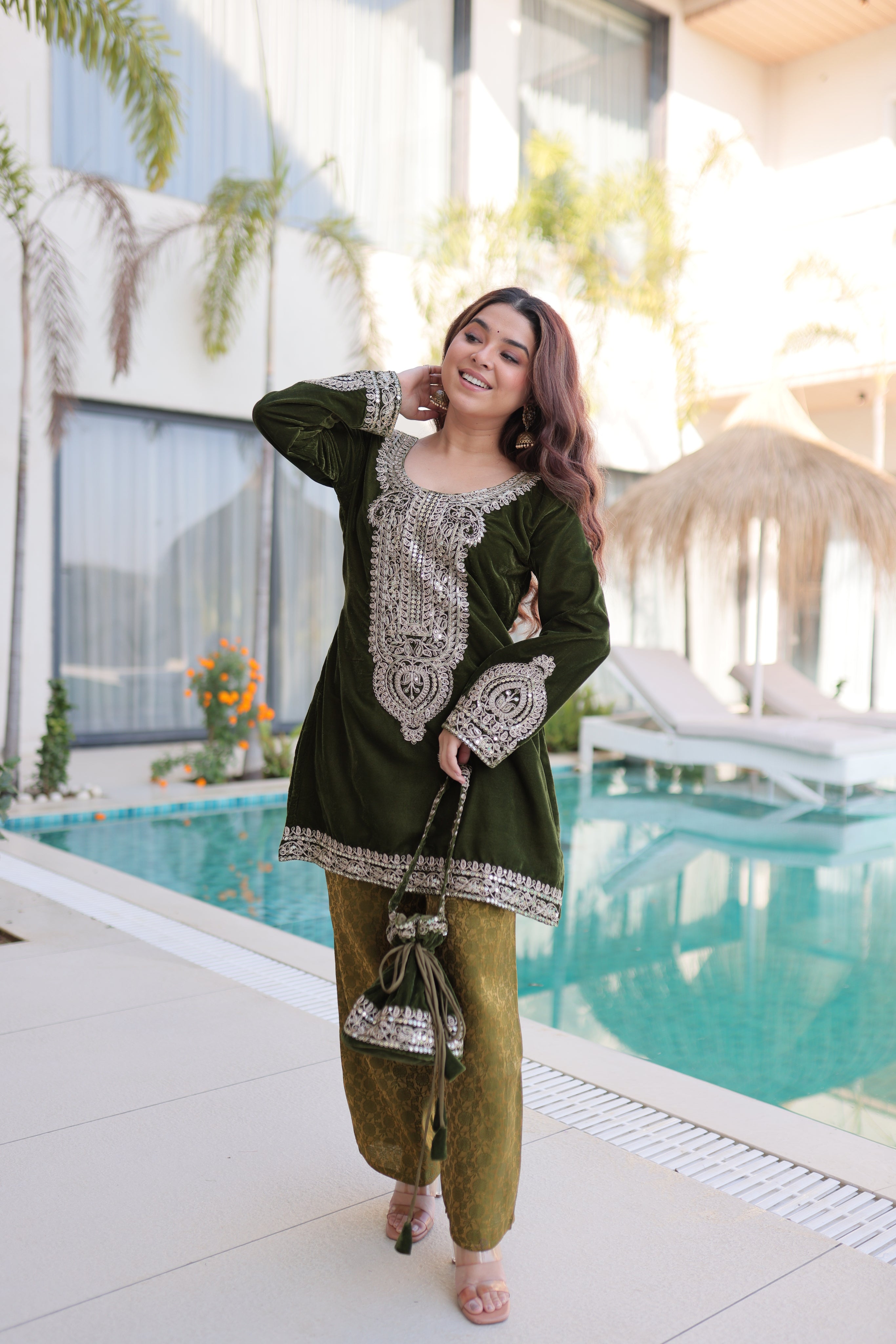 Selina green velvet zari coding embroidered short kurti set with batwa