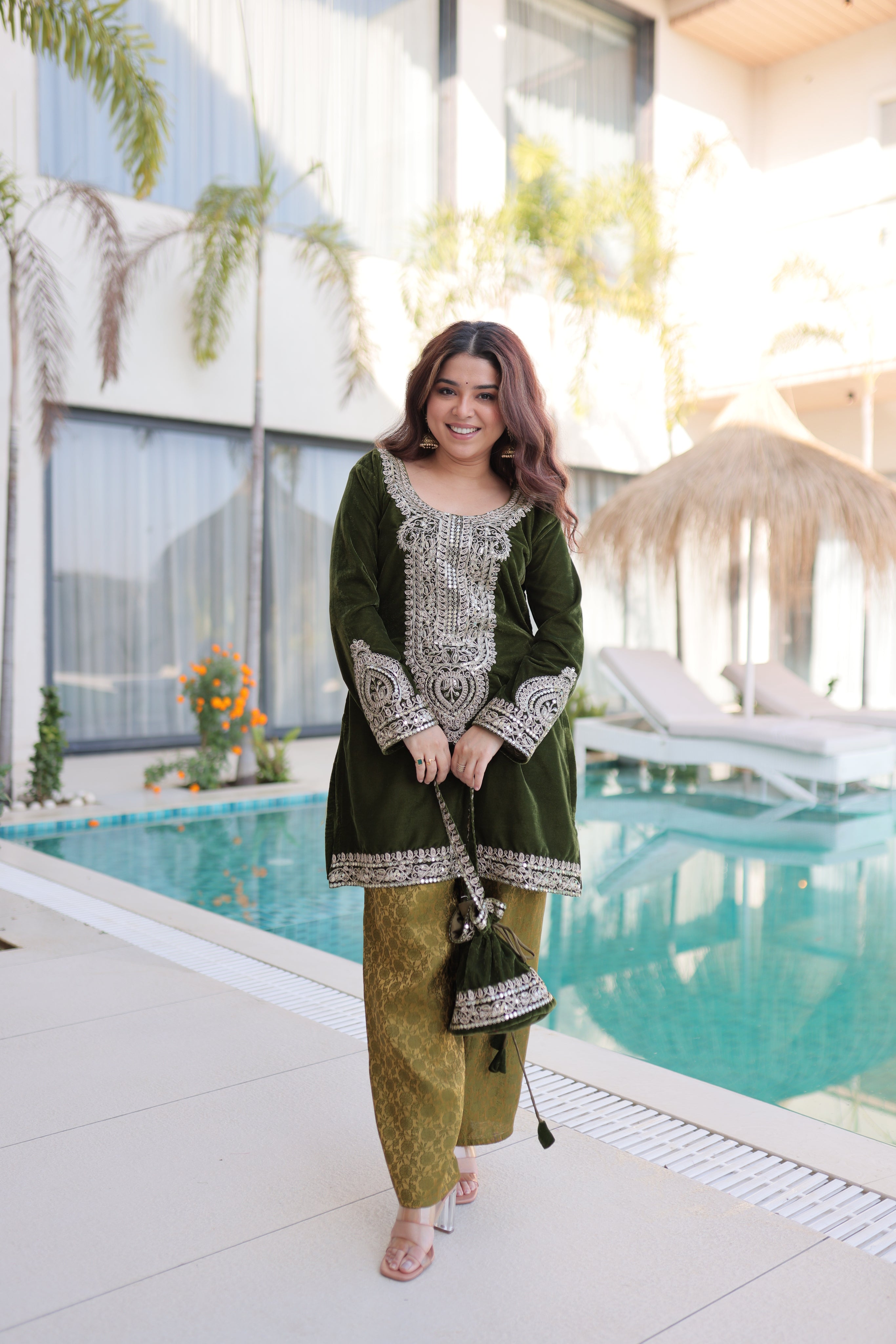 Selina green velvet zari coding embroidered short kurti set with batwa