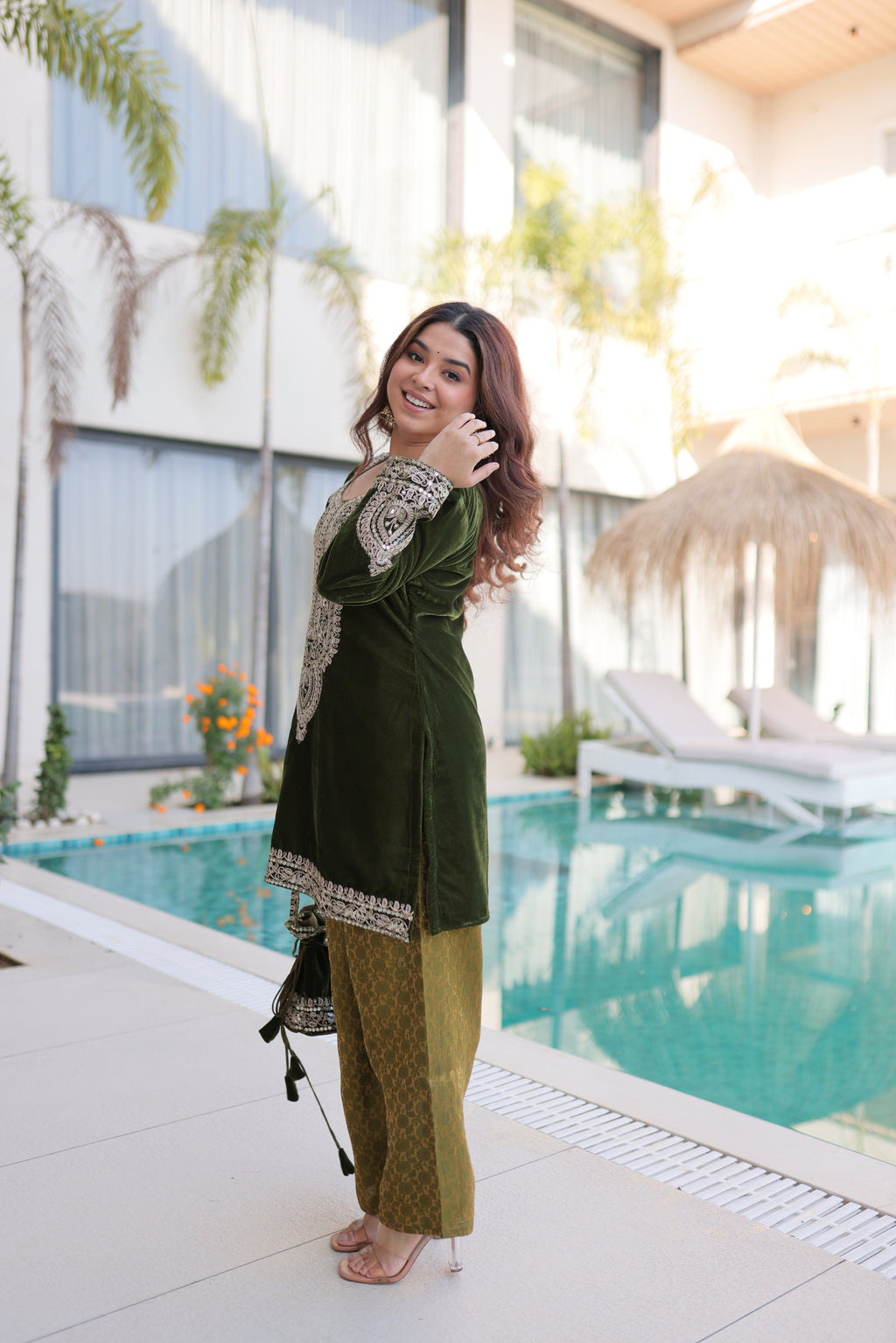 Selina green velvet zari coding embroidered short kurti set with batwa