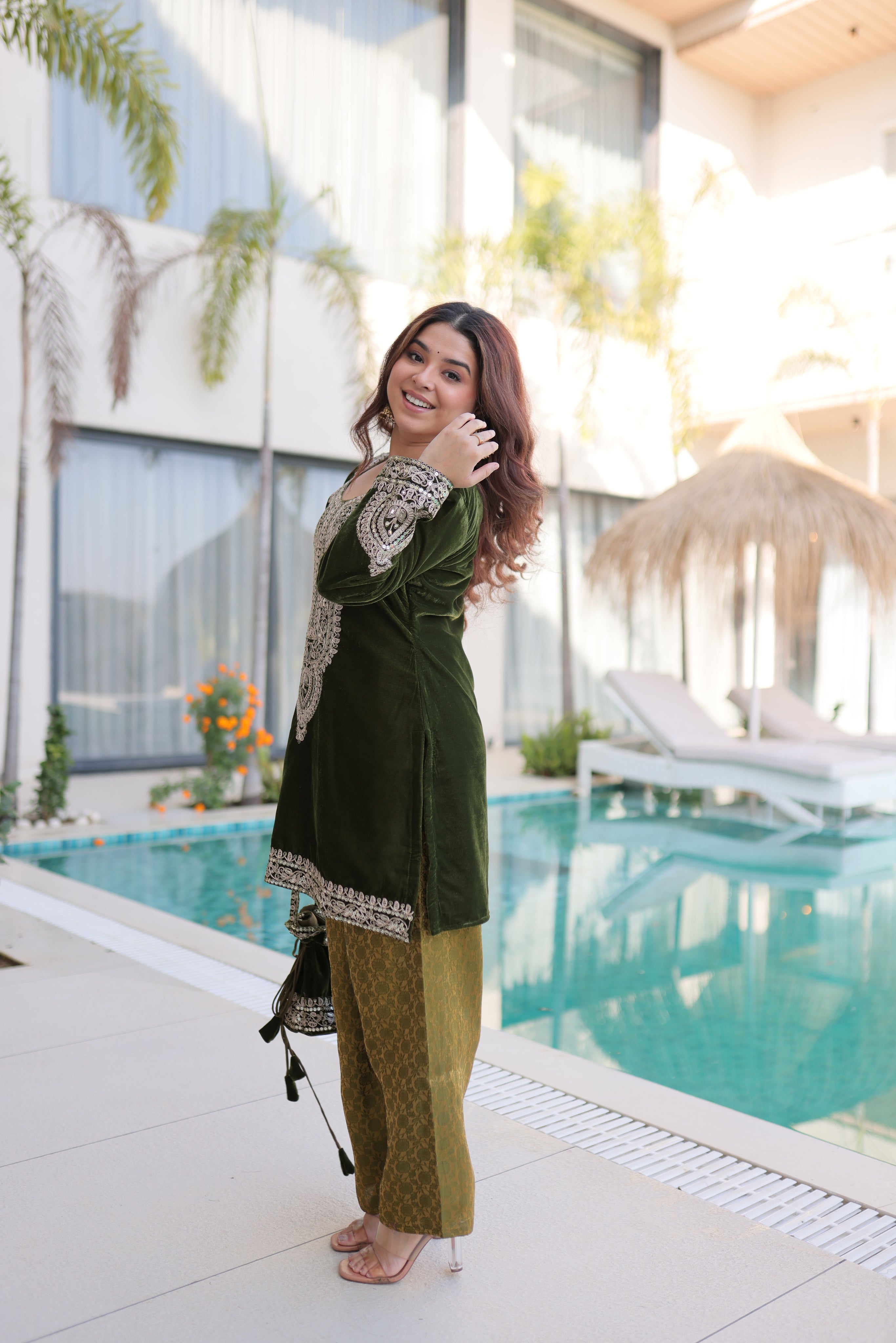 Selina green velvet zari coding embroidered short kurti set with batwa