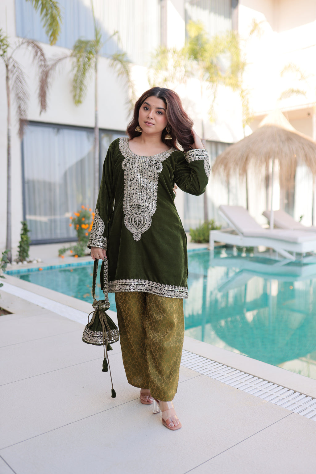 Selina green velvet zari coding embroidered short kurti set with batwa