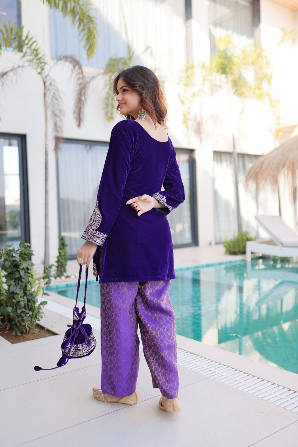 Selina purple velvet zari coding embroidered short kurti set with batwa