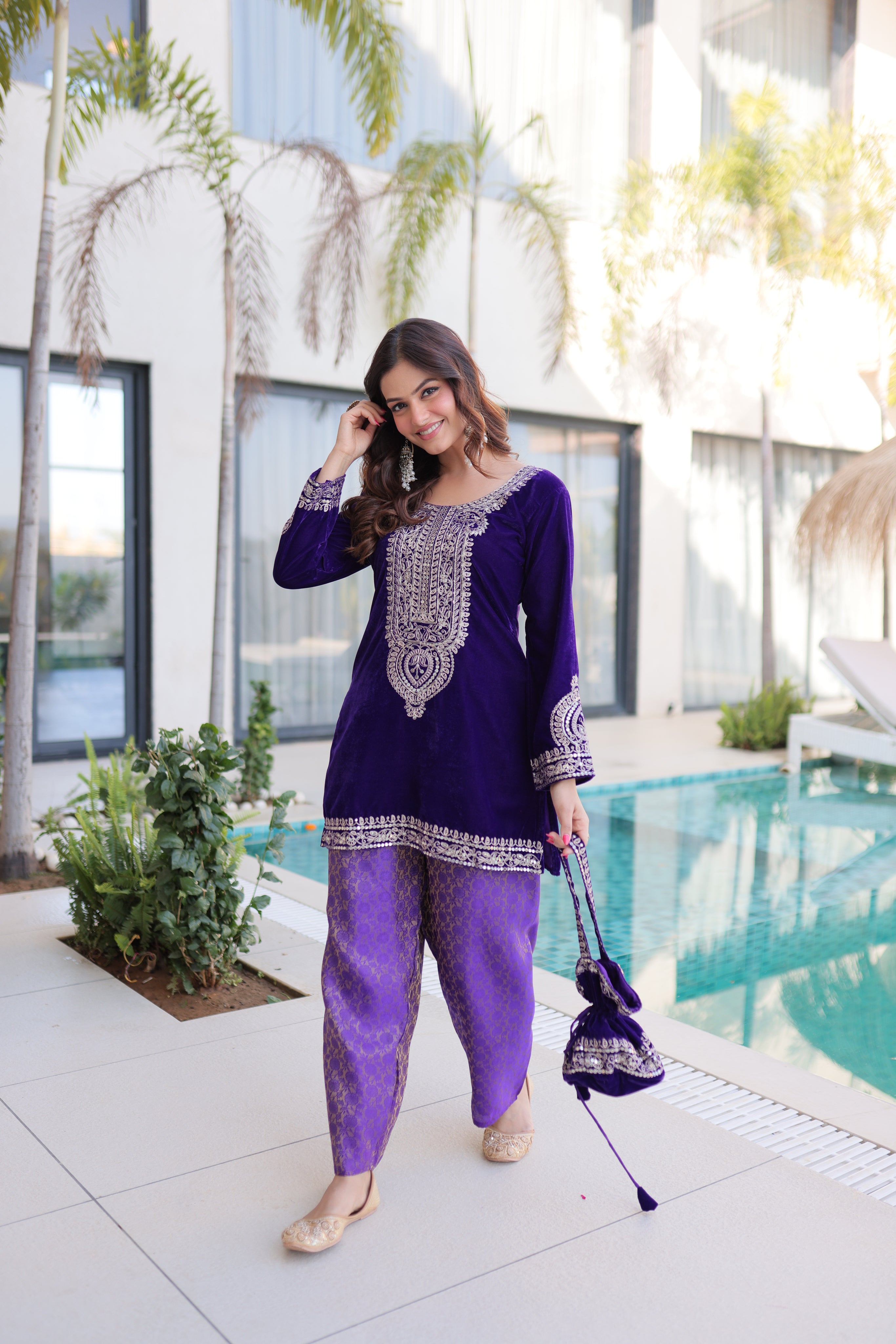 Selina green velvet zari coding embroidered short kurti set with batwa