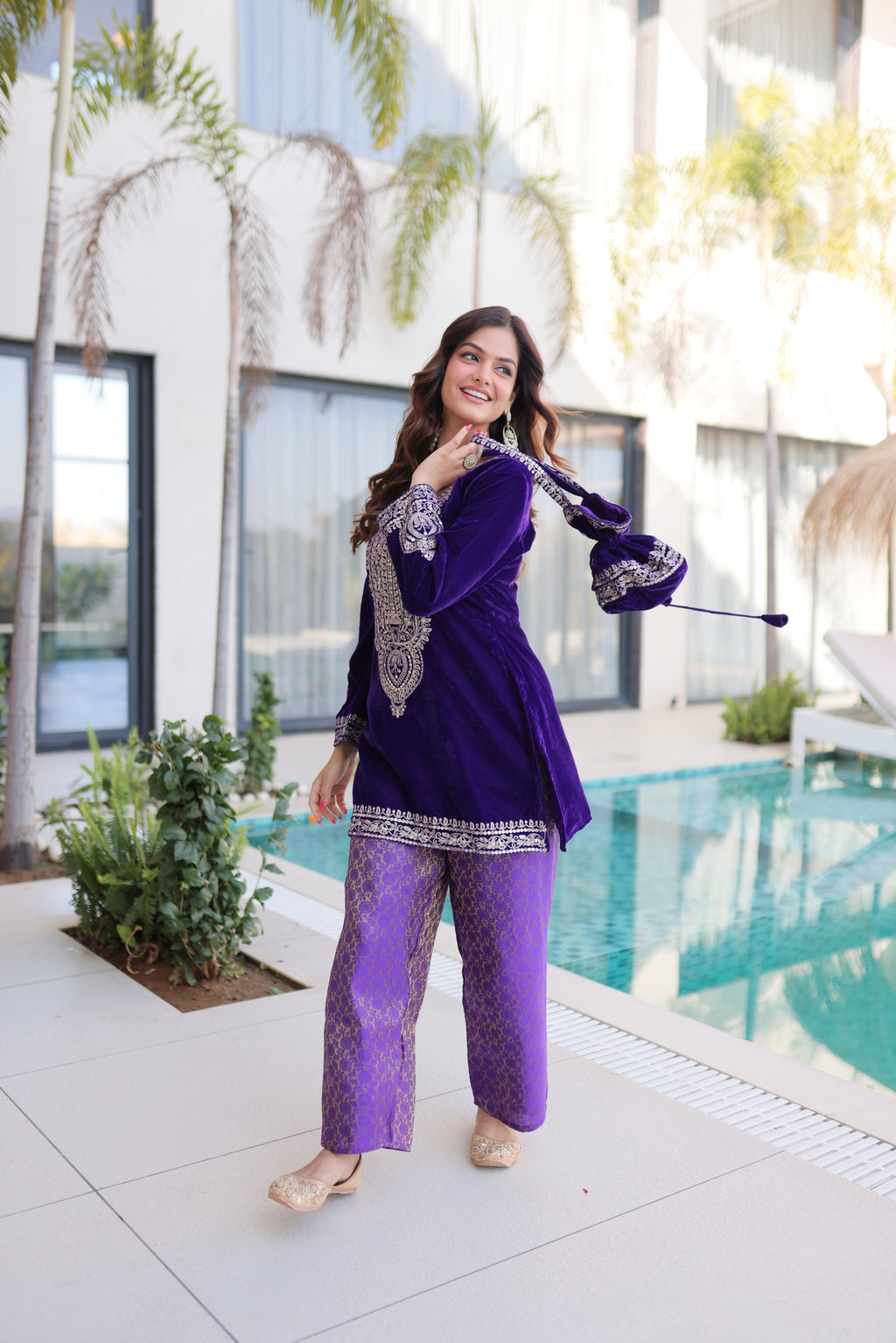 Selina purple velvet zari coding embroidered short kurti set with batwa