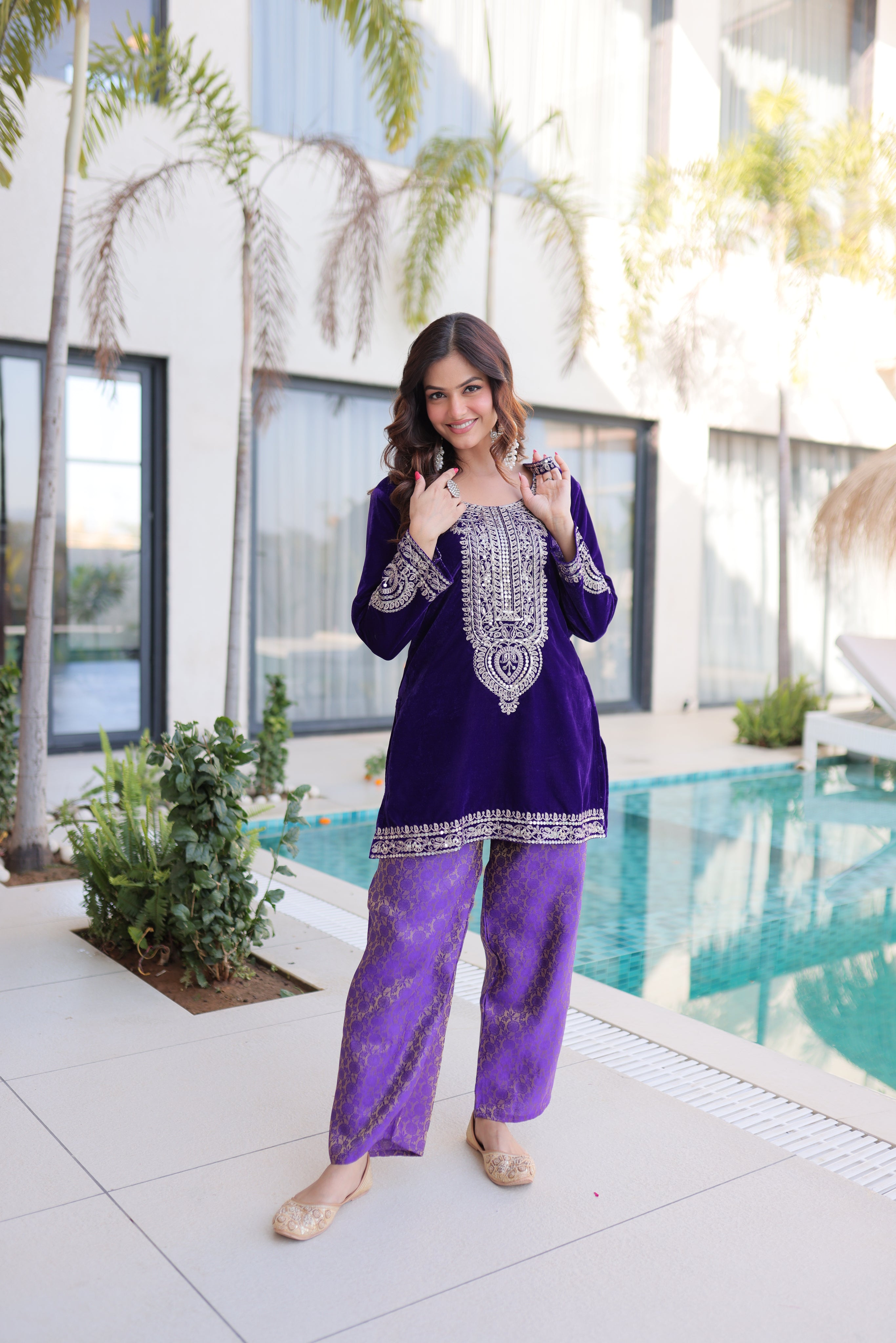 Selina purple velvet zari coding embroidered short kurti set with batwa