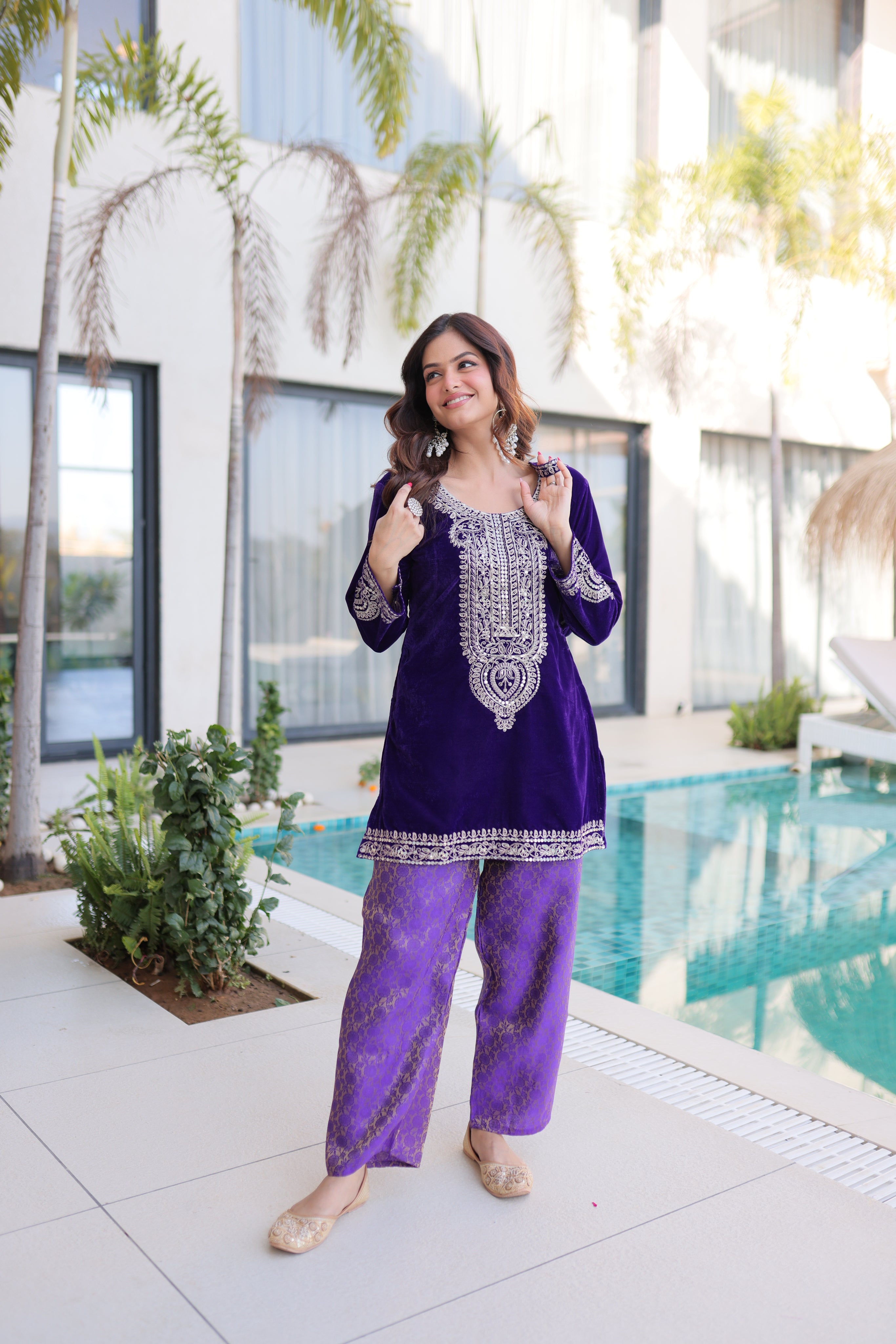 Selina purple velvet zari coding embroidered short kurti set with batwa