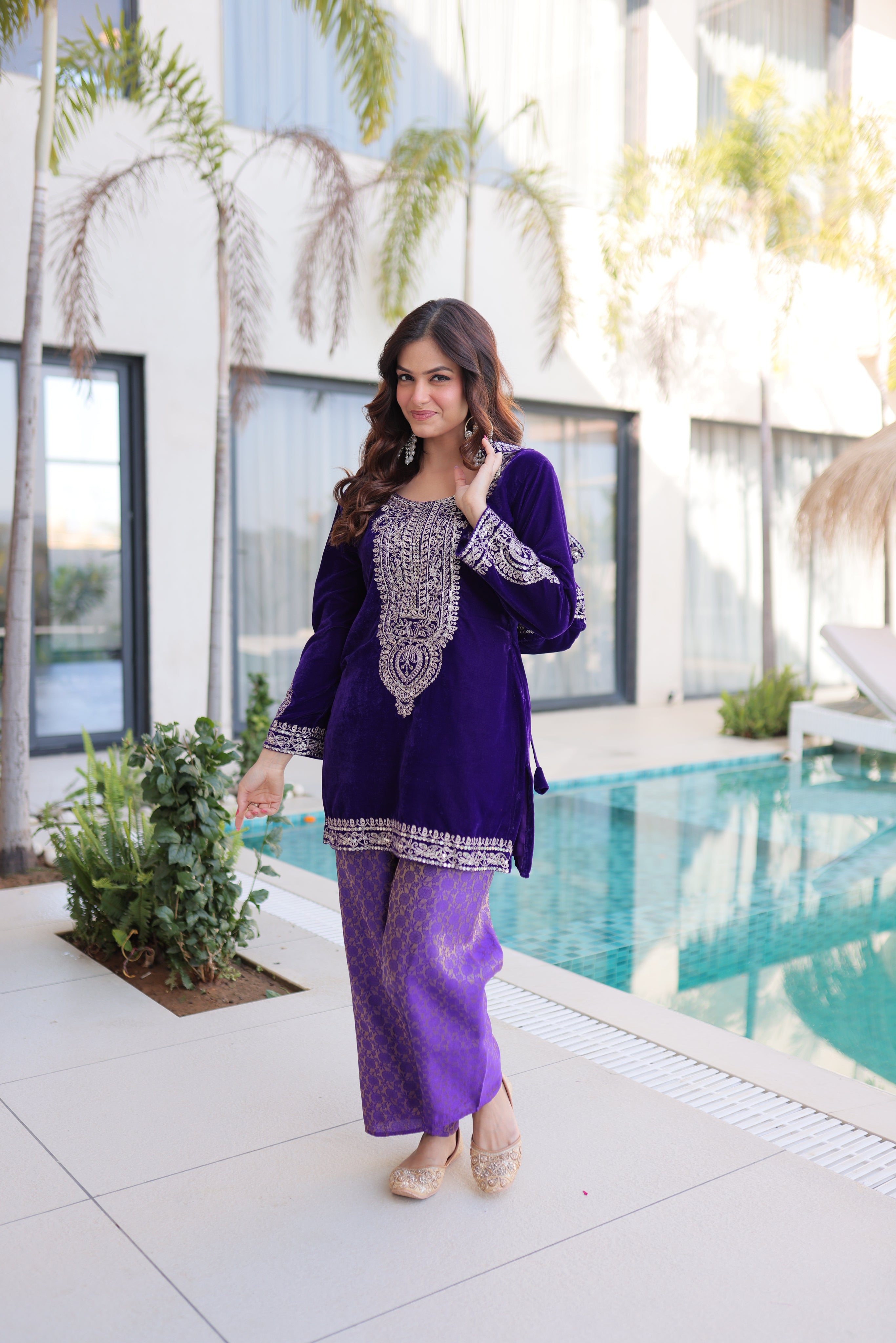Selina purple velvet zari coding embroidered short kurti set with batwa
