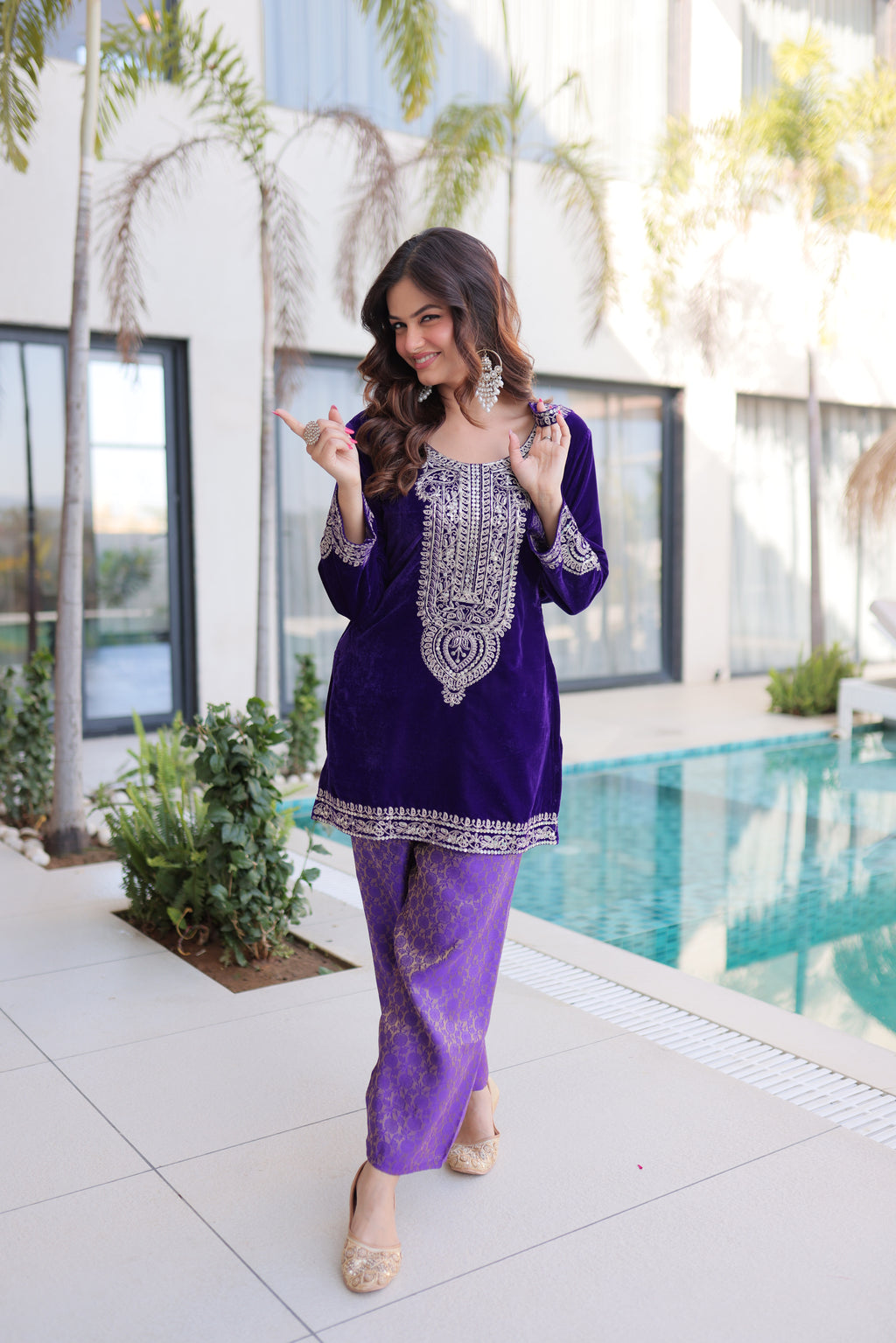 Selina purple velvet zari coding embroidered short kurti set with batwa