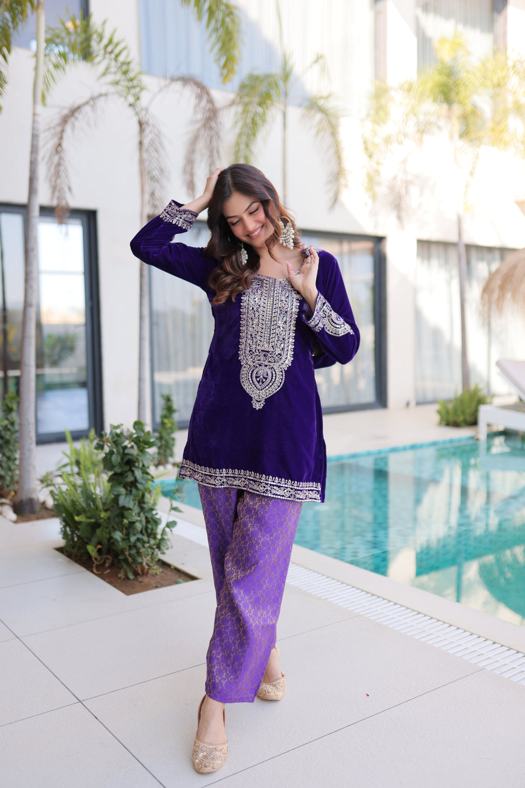 Selina purple velvet zari coding embroidered short kurti set with batwa