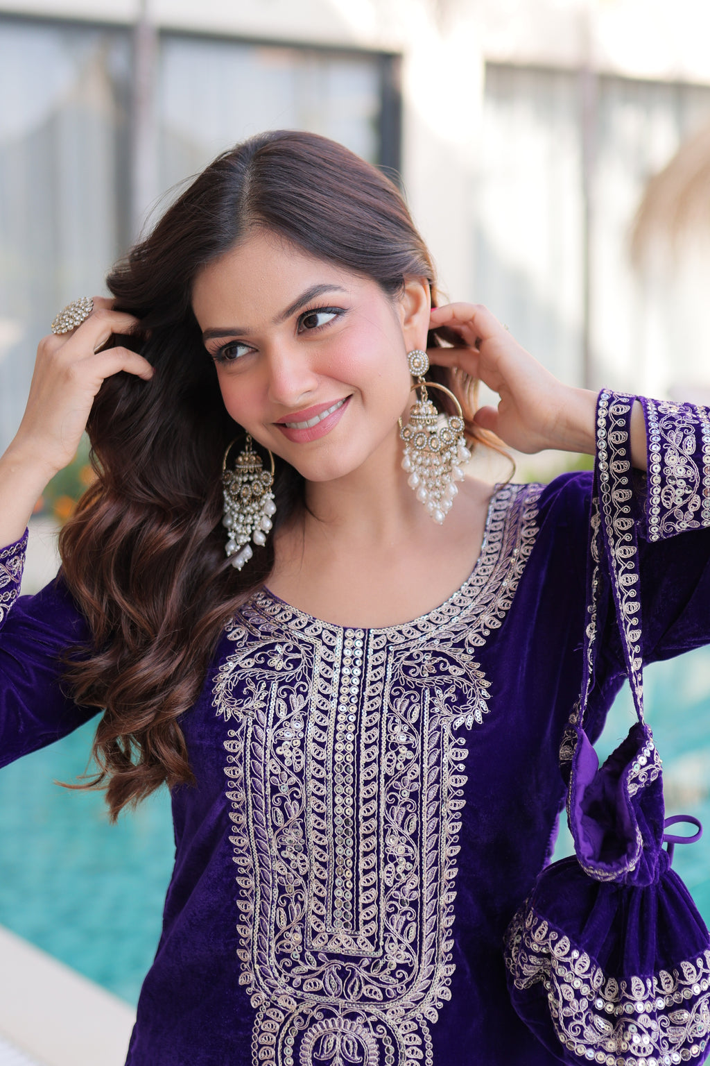 Selina purple velvet zari coding embroidered short kurti set with batwa