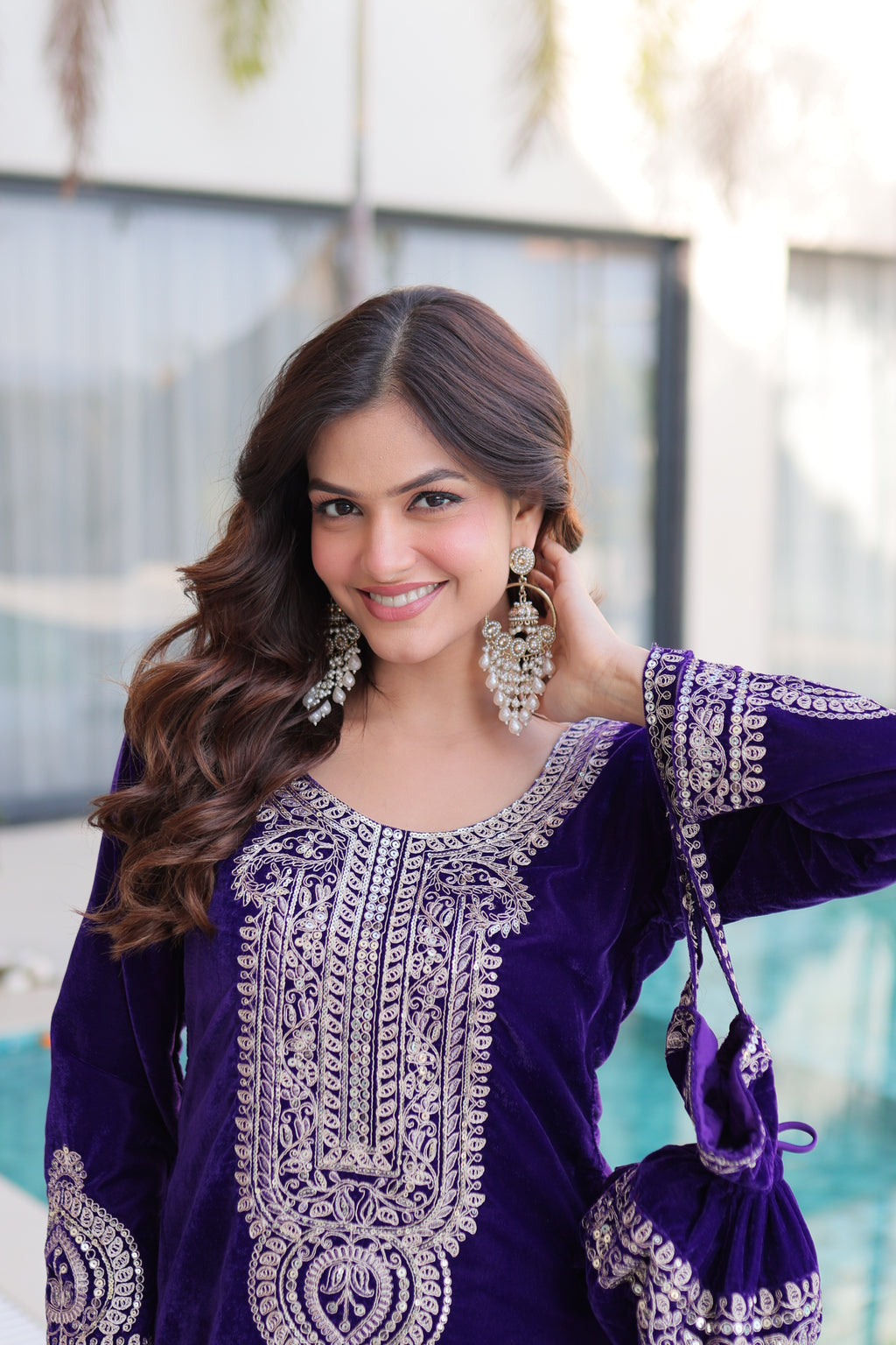 Selina purple velvet zari coding embroidered short kurti set with batwa