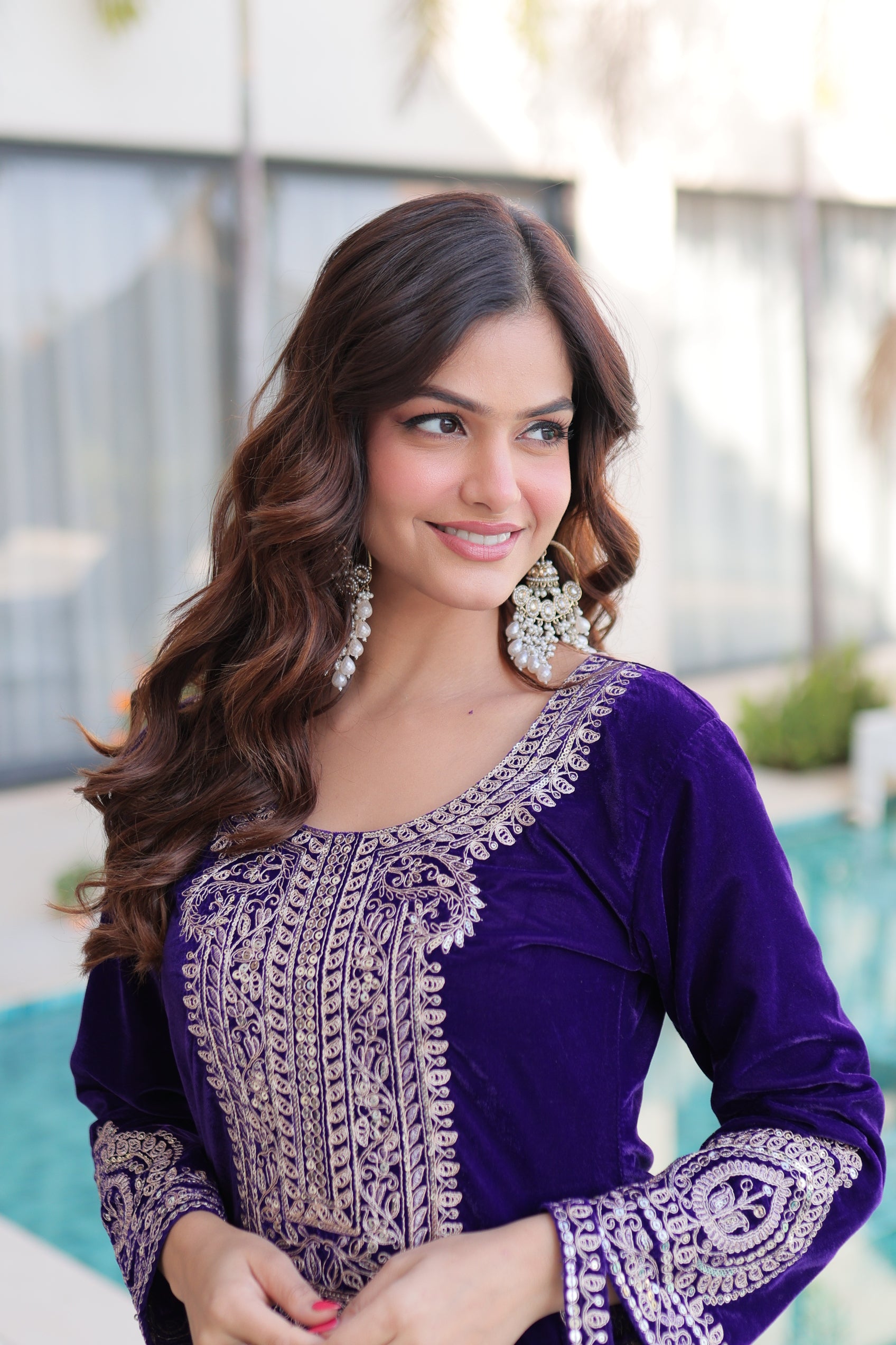 Selina purple velvet zari coding embroidered short kurti set with batwa