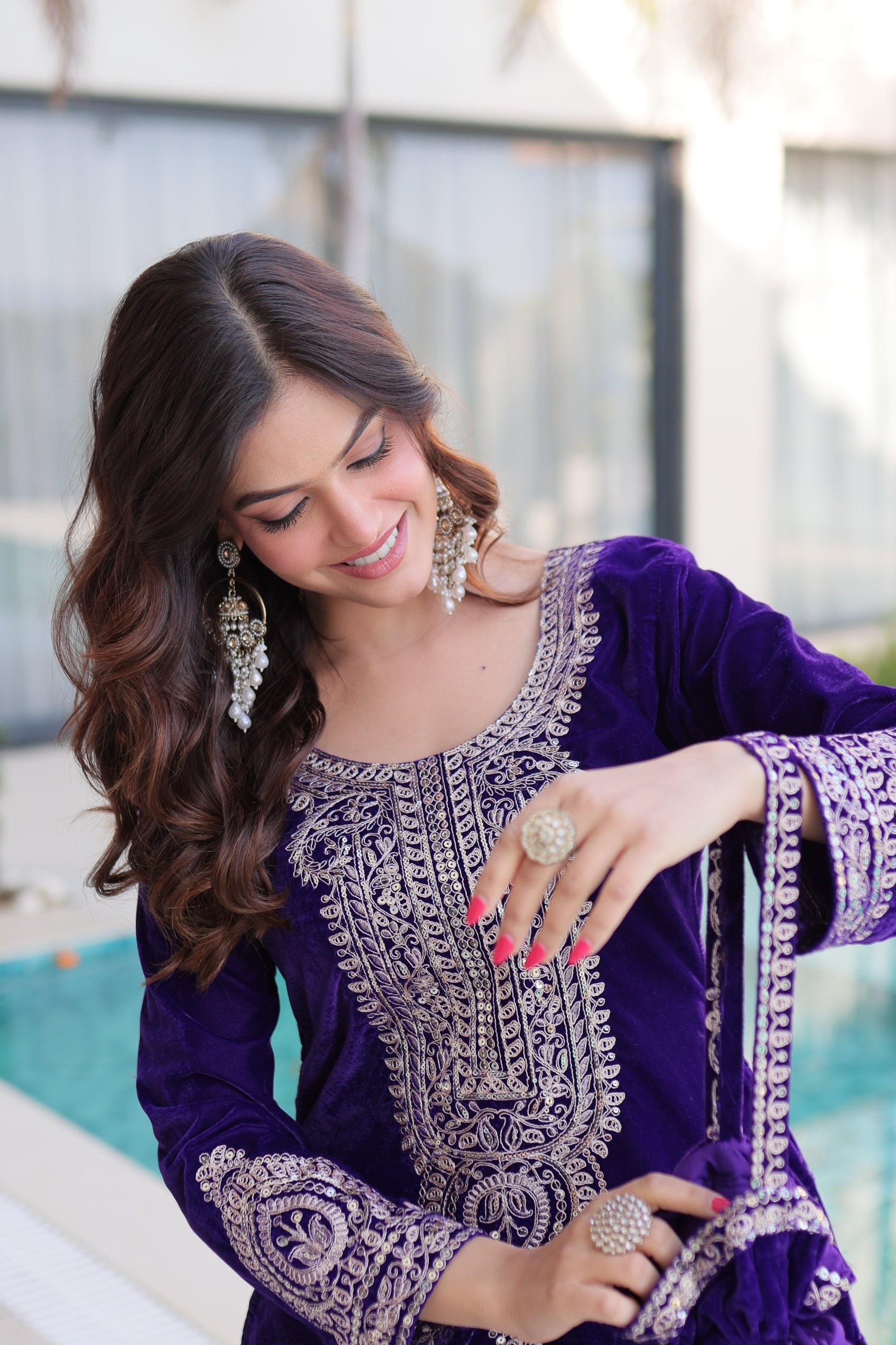 Selina purple velvet zari coding embroidered short kurti set with batwa