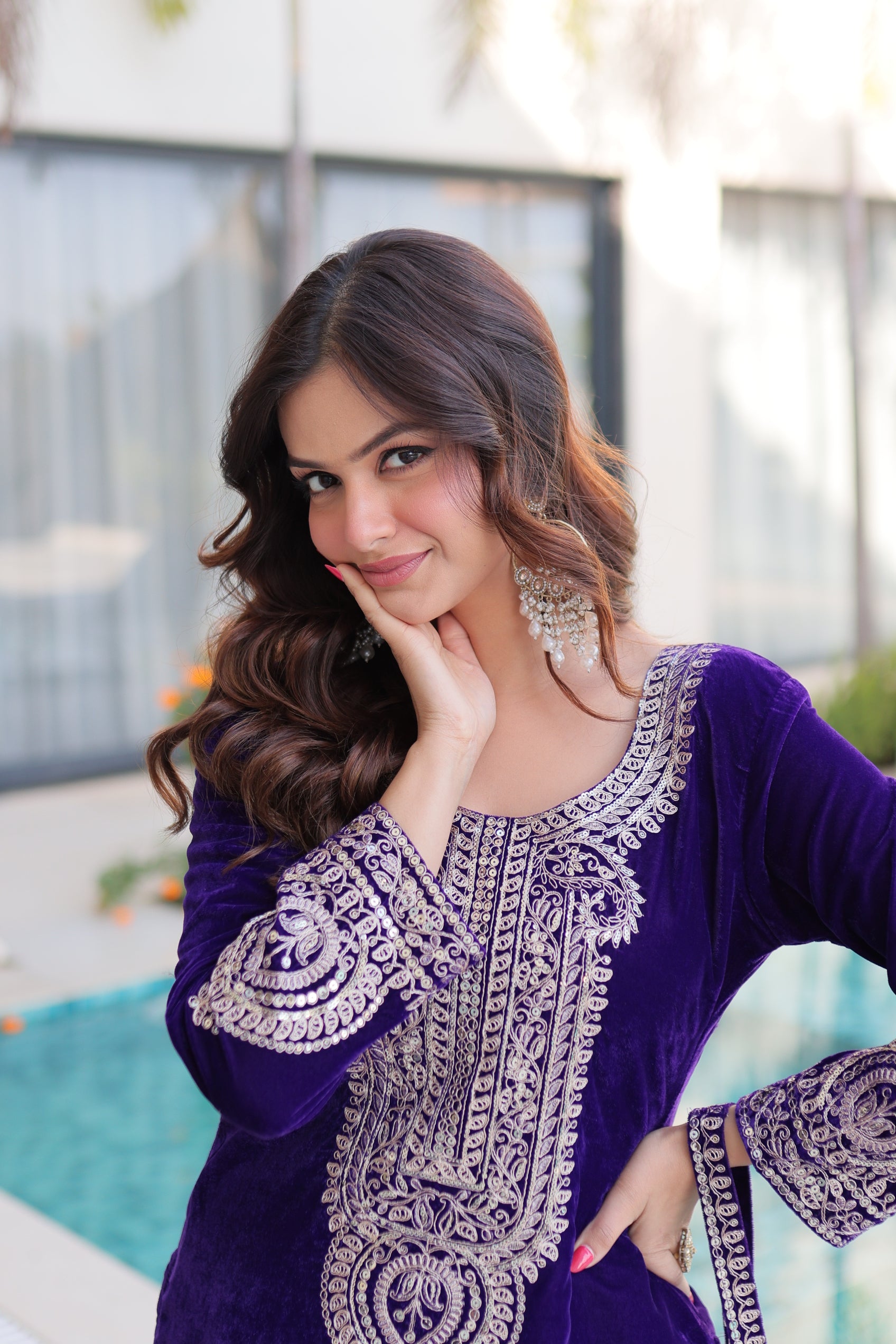 Selina Purple Color Velvet Zari Coding Embroidered Work Short Kurti Set with Batwa