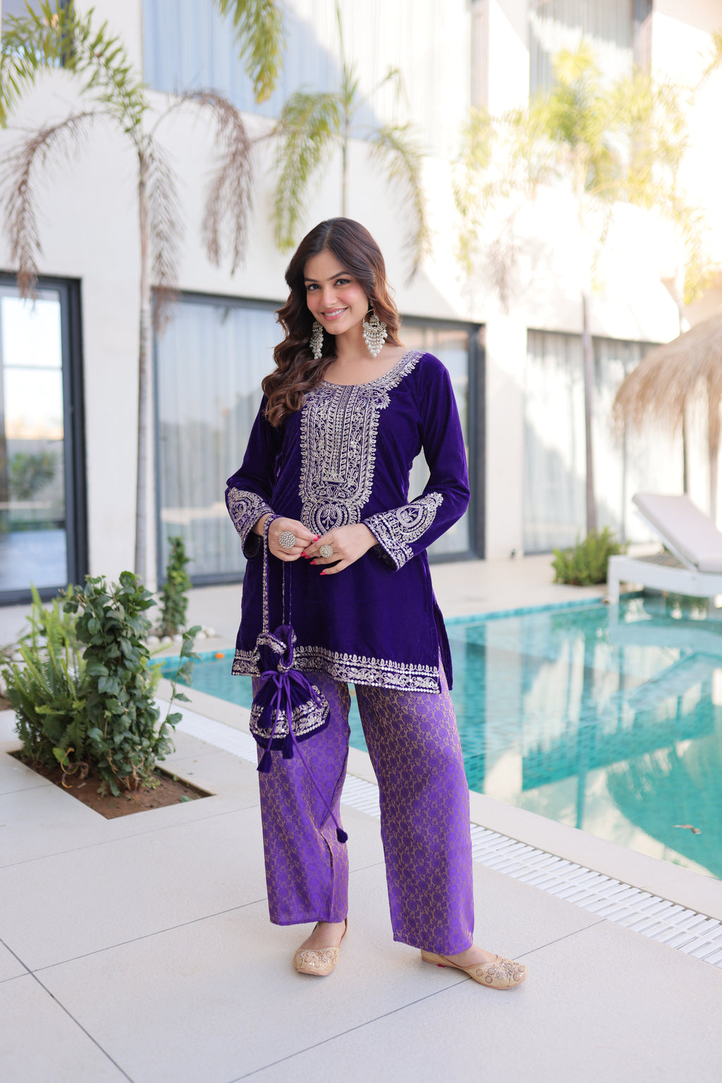 Selina purple velvet zari coding embroidered short kurti set with batwa