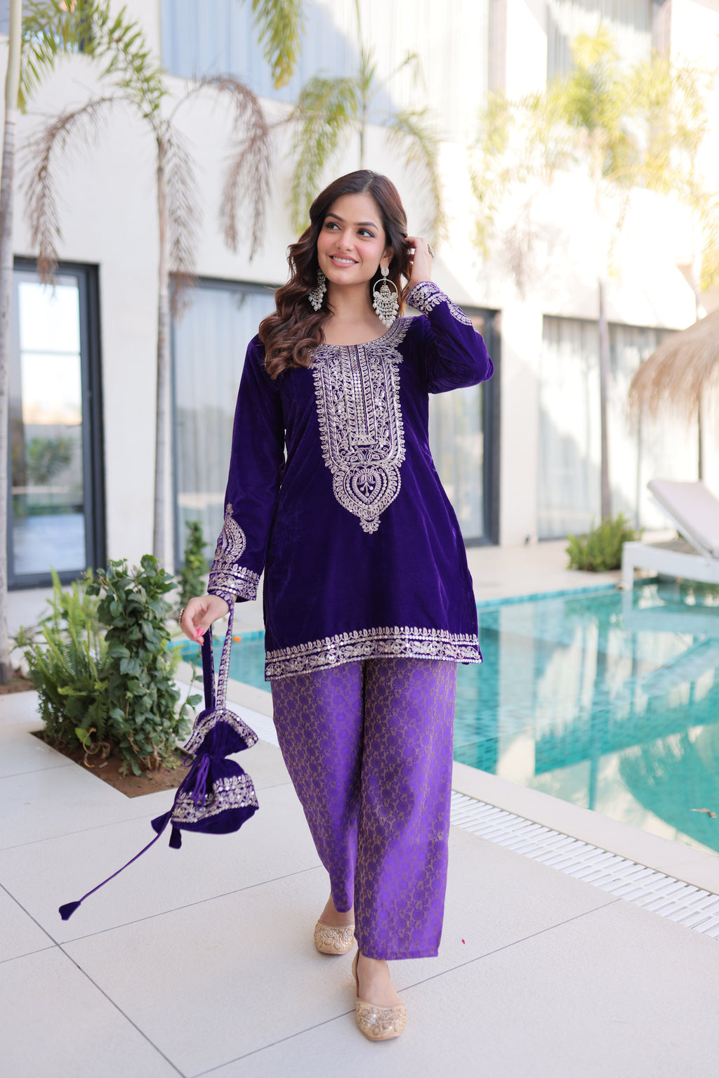 Selina purple velvet zari coding embroidered short kurti set with batwa