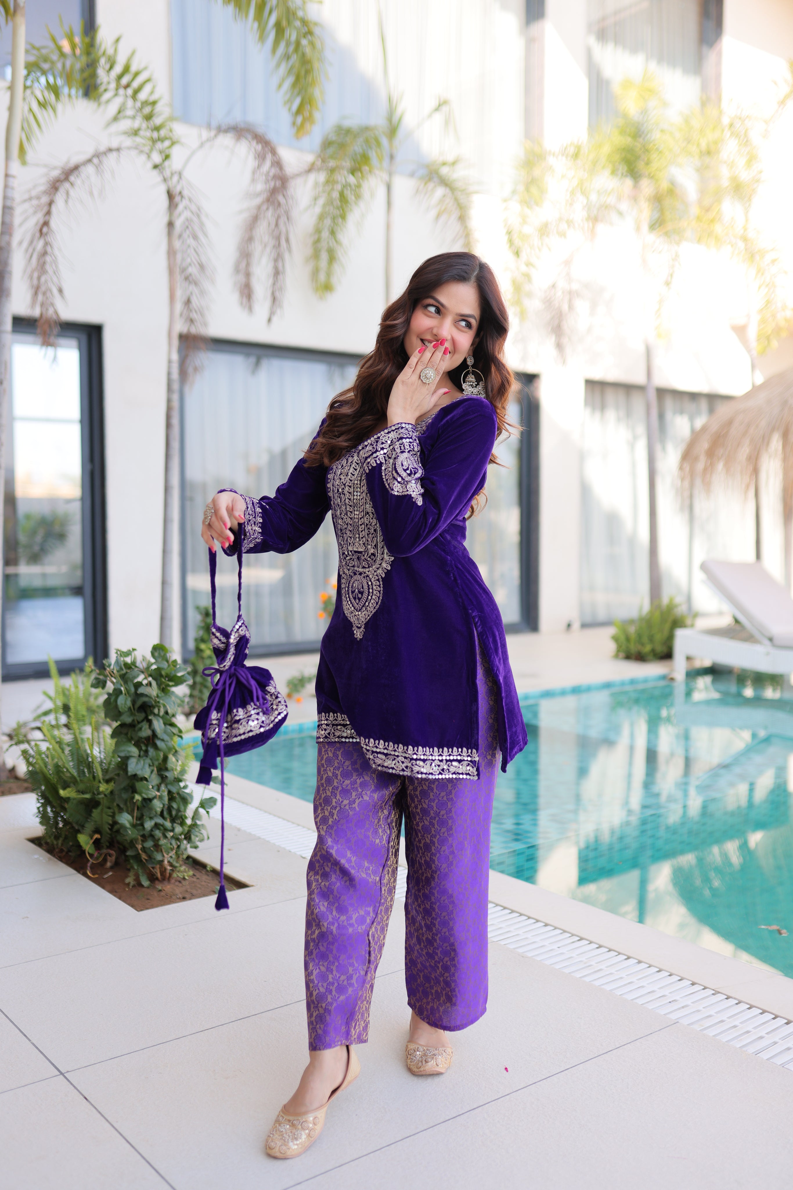 Selina purple velvet zari coding embroidered short kurti set with batwa