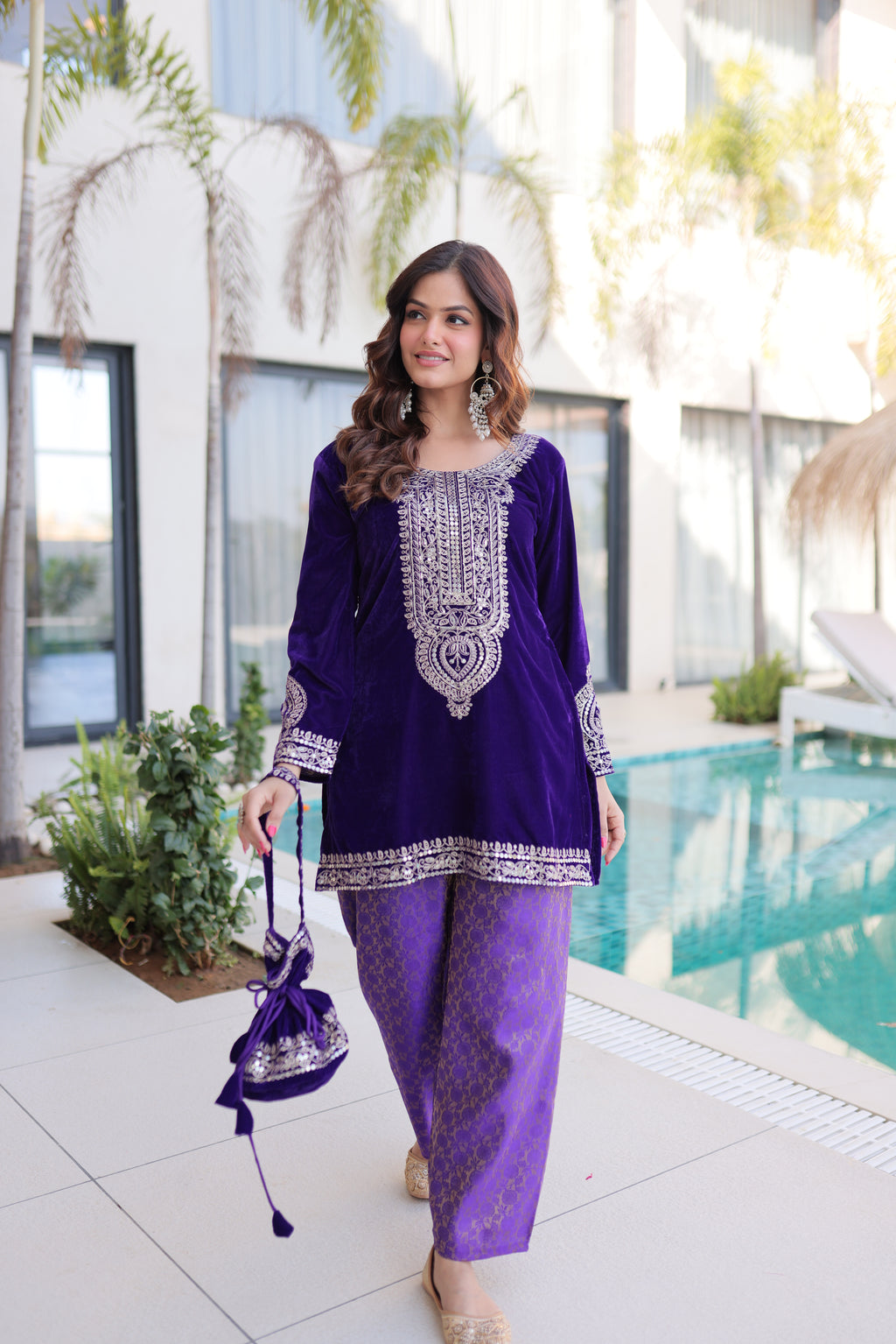 Selina purple velvet zari coding embroidered short kurti set with batwa