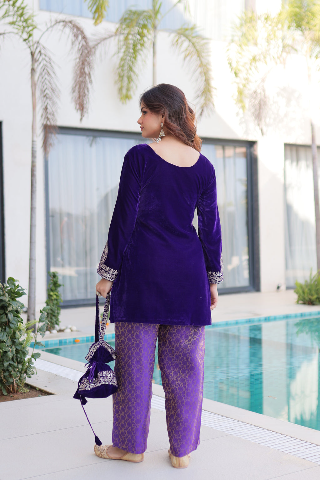 Selina purple velvet zari coding embroidered short kurti set with batwa