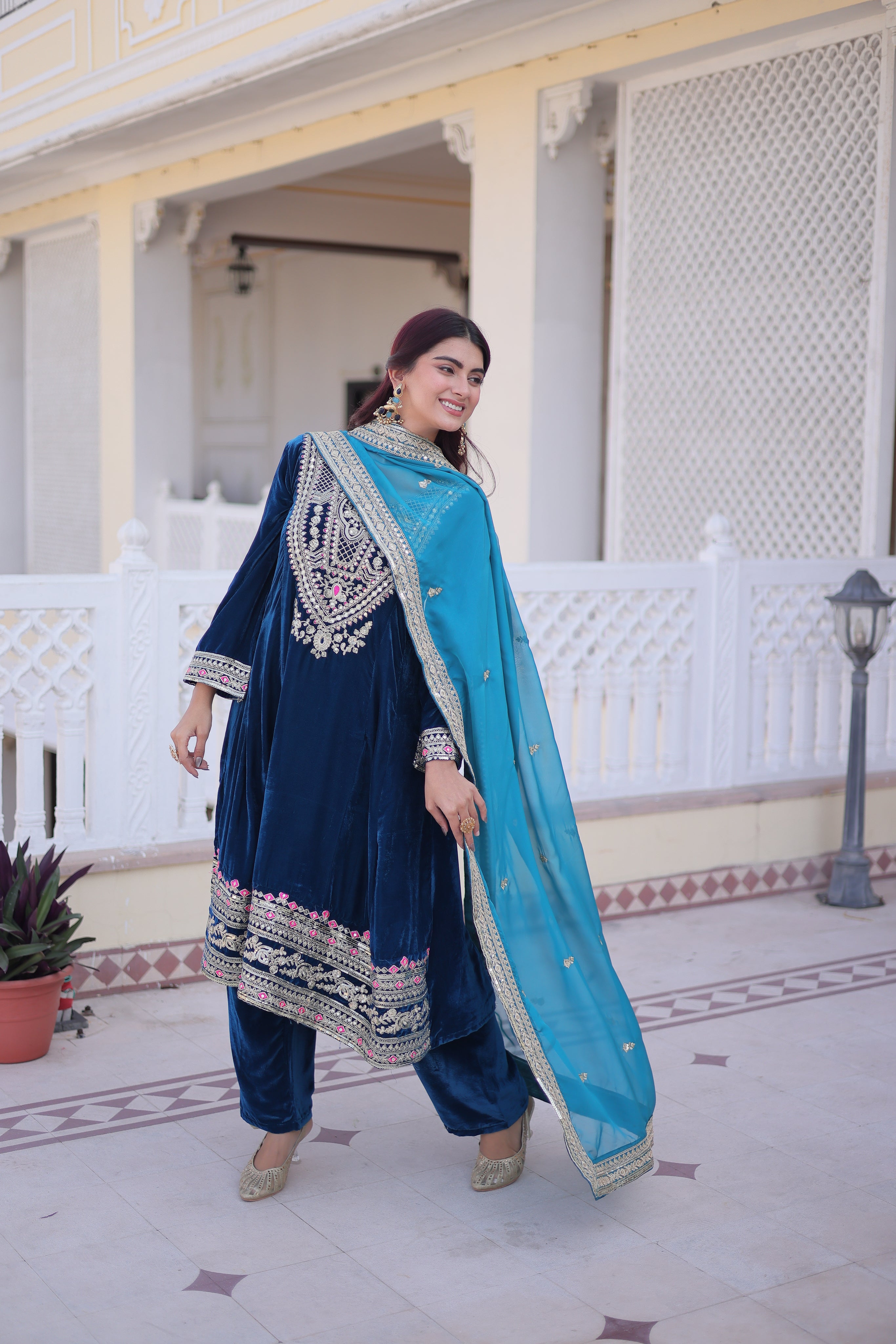 Arusha Teal Blue Velvet Sequins Zari Coding Thread Embroidered Kurti Set