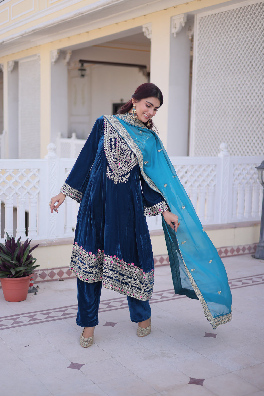 Arusha Teal Blue Velvet Sequins Zari Coding Thread Embroidered Kurti Set