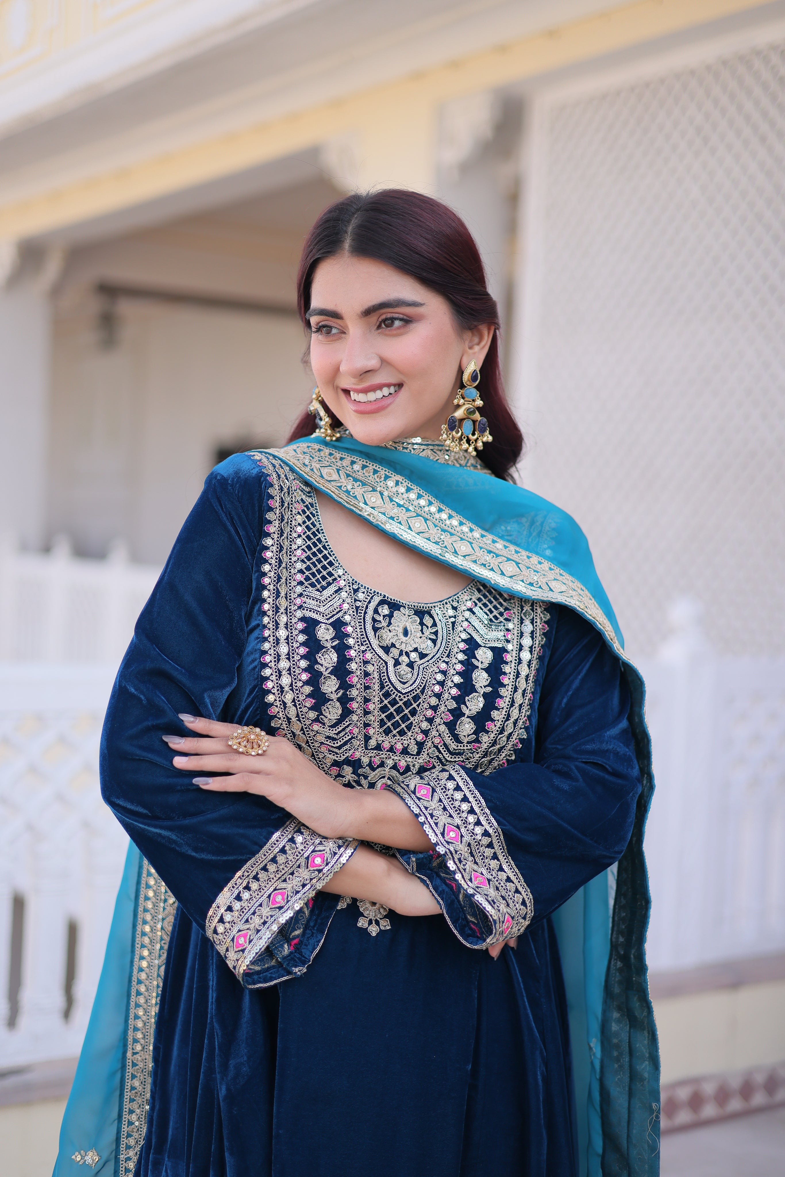 Arusha Teal Blue Velvet Sequins Zari Coding Thread Embroidered Kurti Set