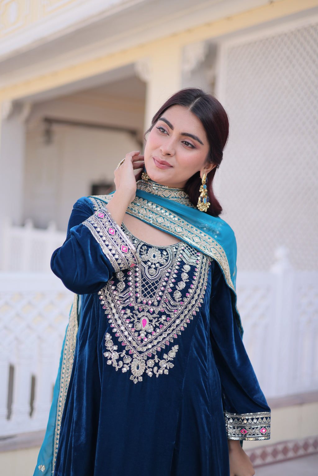 Arusha Teal Blue Velvet Sequins Zari Coding Thread Embroidered Kurti Set